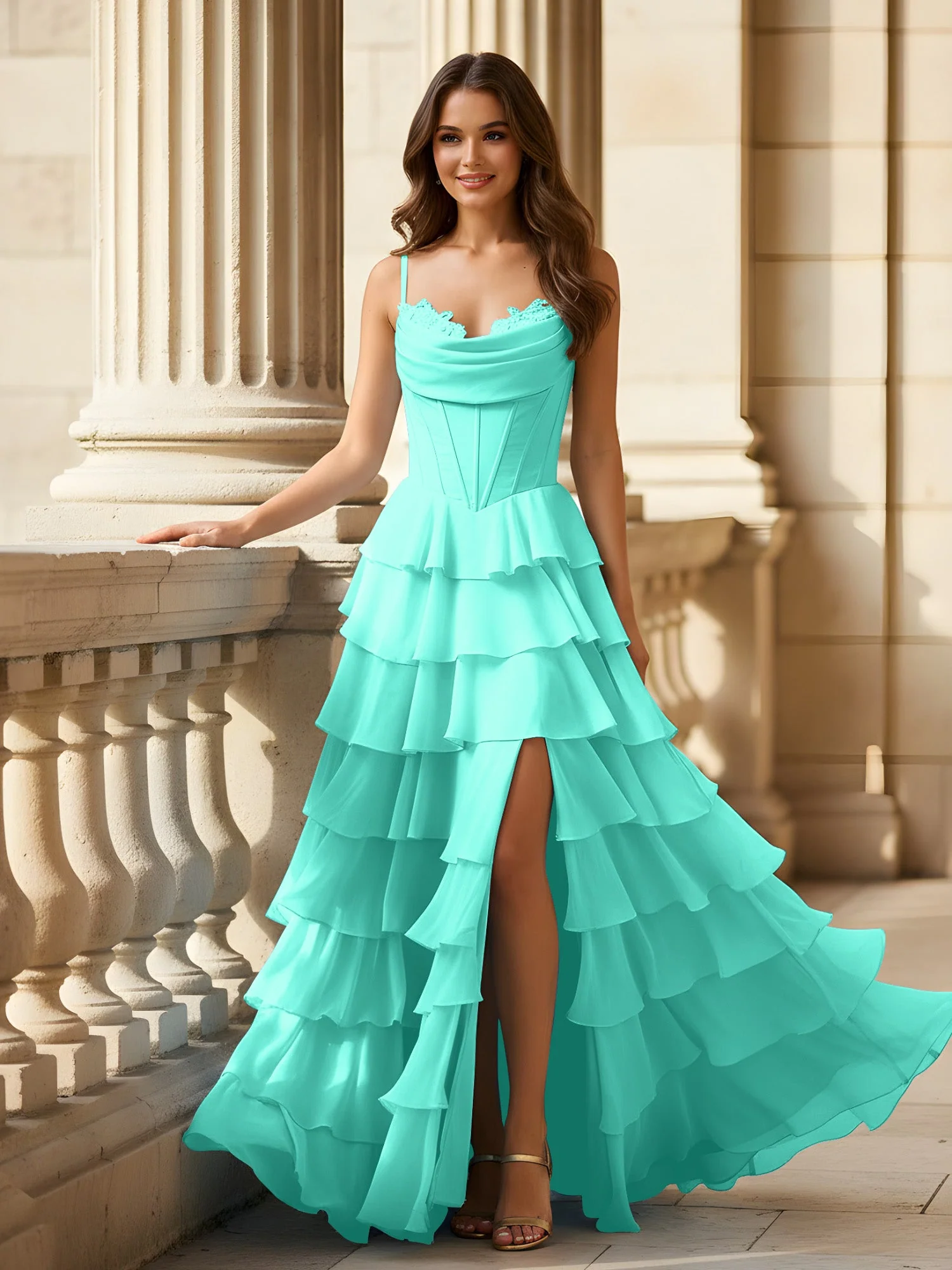 Spaghettiträger A-Linie Chiffon Stufen Kleid mit Schlitz Spa