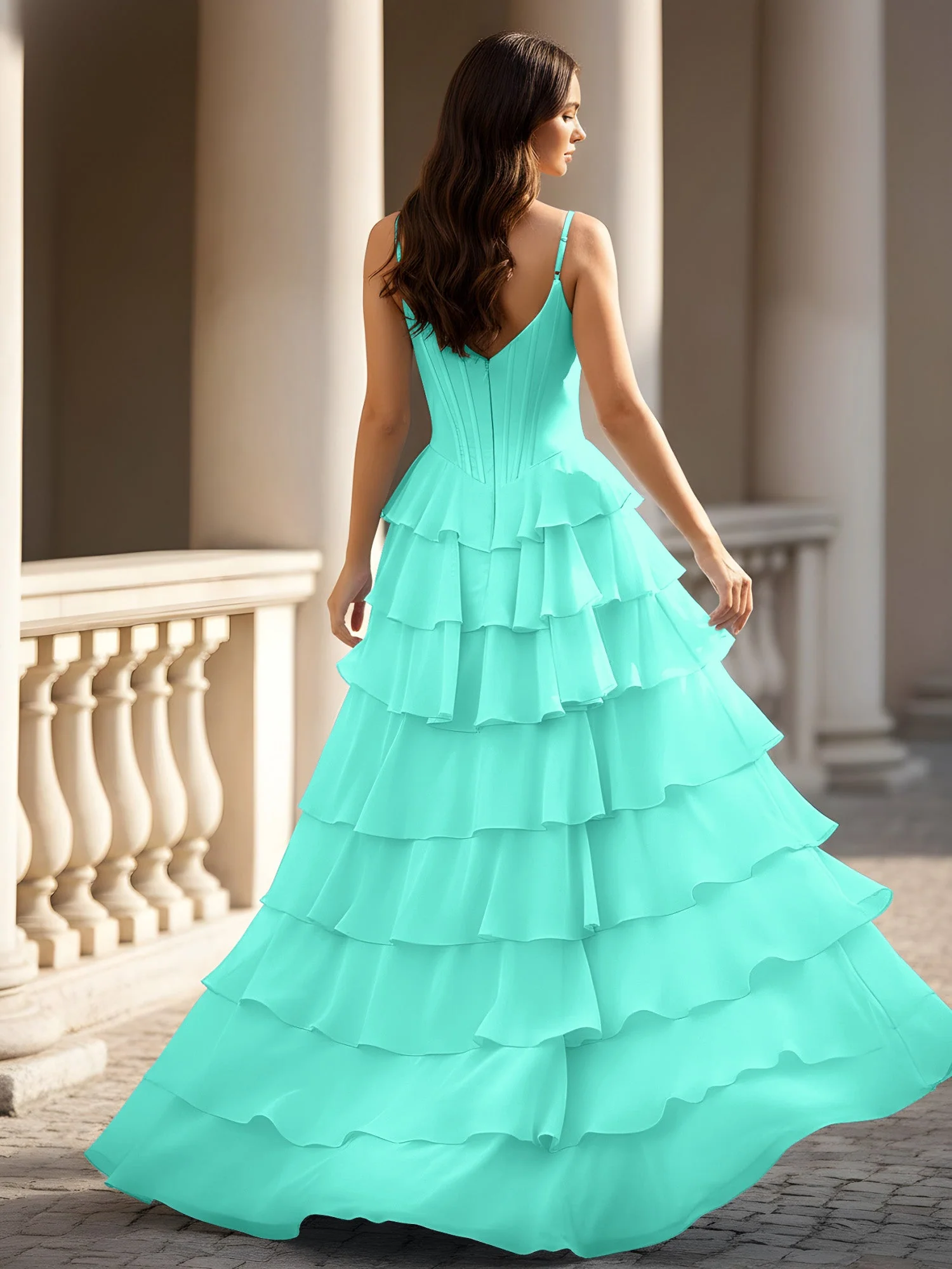 Spaghettiträger A-Linie Chiffon Stufen Kleid mit Schlitz Spa - Image 2