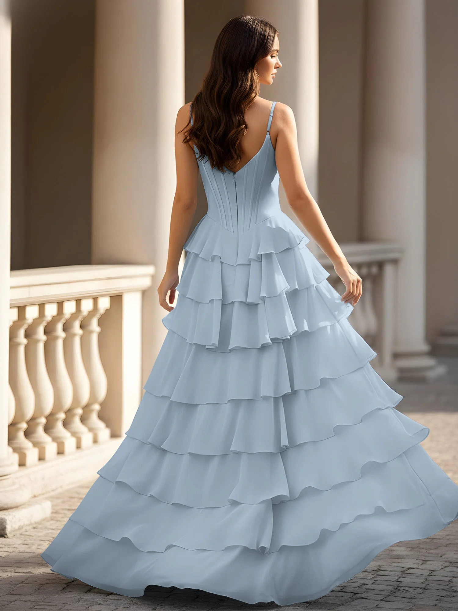 Spaghettiträger A-Linie Chiffon Stufen Kleid mit Schlitz Staubiges Blau - Image 2