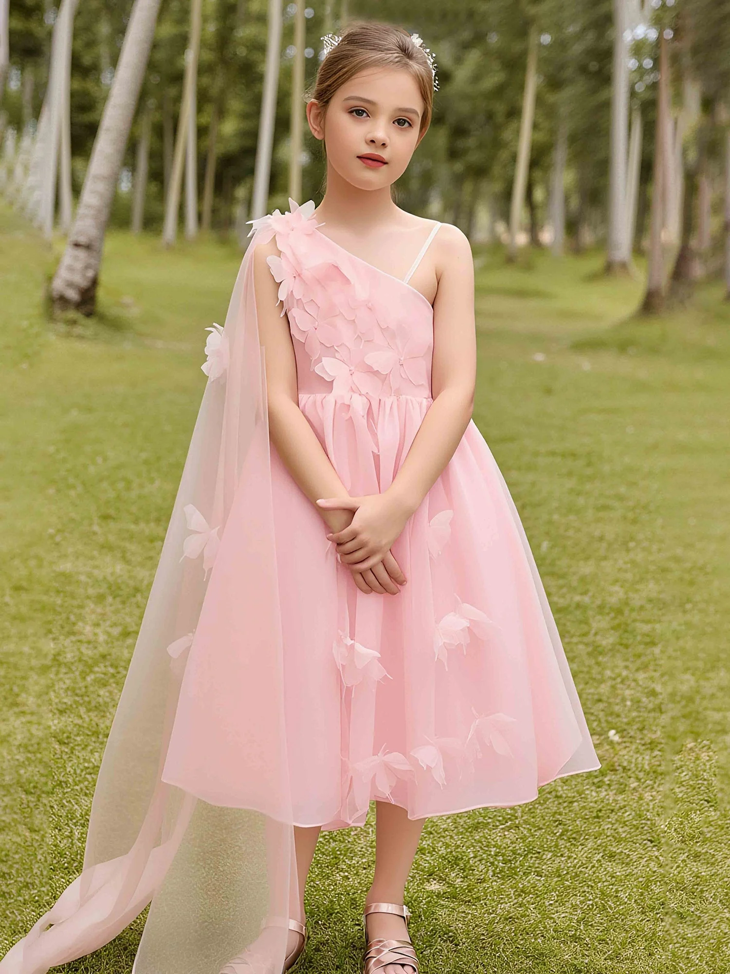 3D Schmetterling Applique Eine Schulter Blumenmädchen Kleid Zartrosa