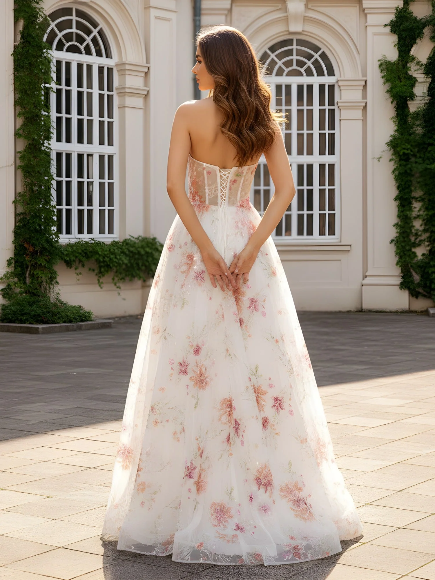 A-Linie Herzform Ausschnitt Blumen Kleid mit Schlitz Elfenbein - Image 2