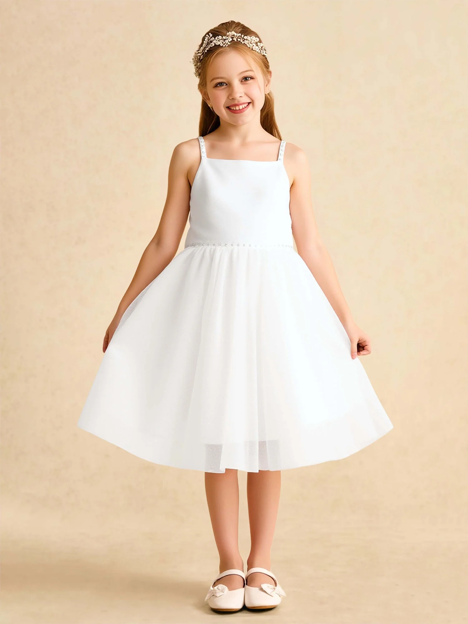 Perlen Quadratischer Ausschnitt A-Linie Tüll Blumenmädchen Kleid Weiß