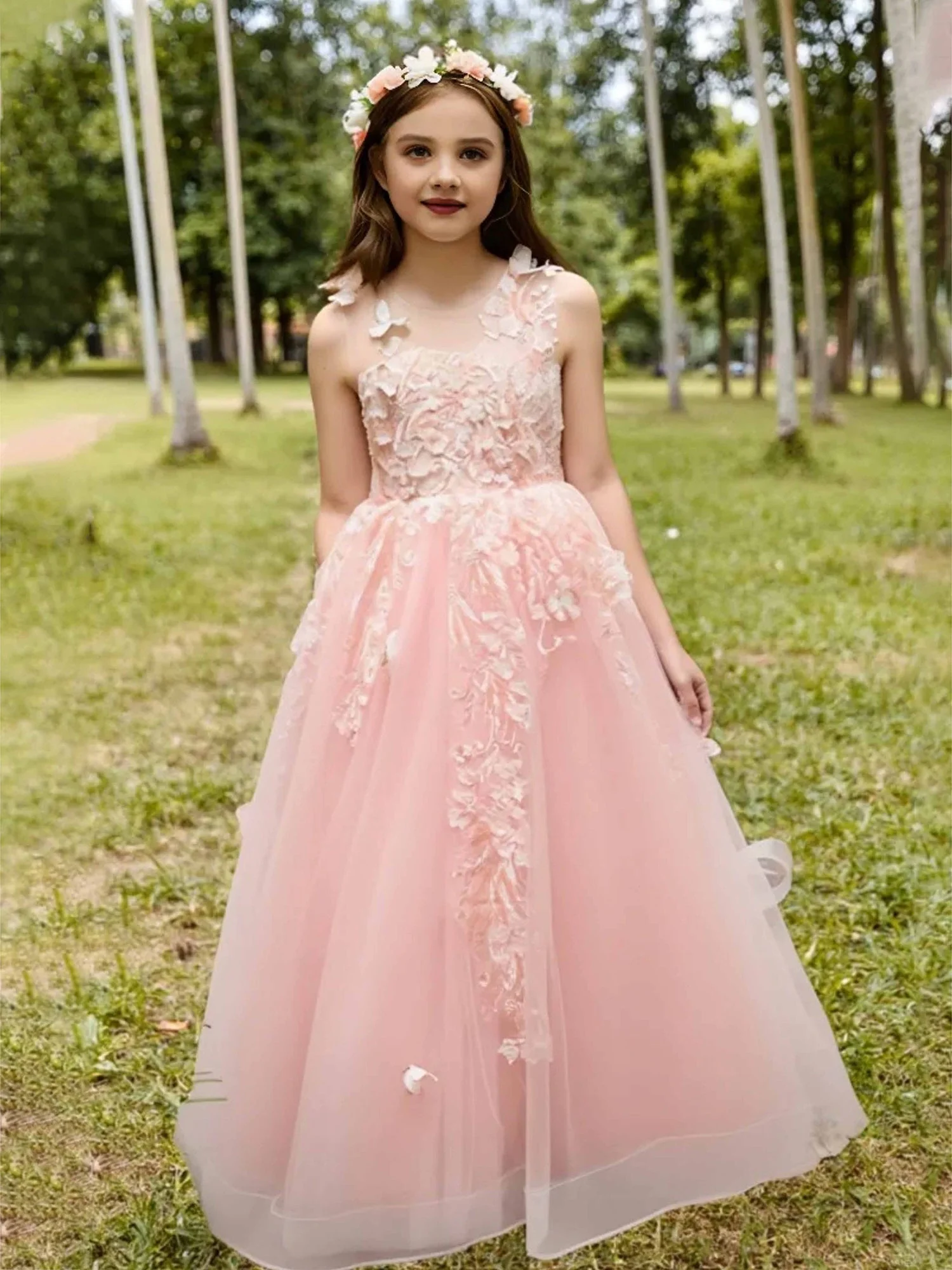 Illusion Ausschnitt Spitze Applique Tüll Blumenmädchen Kleid Perlrosa