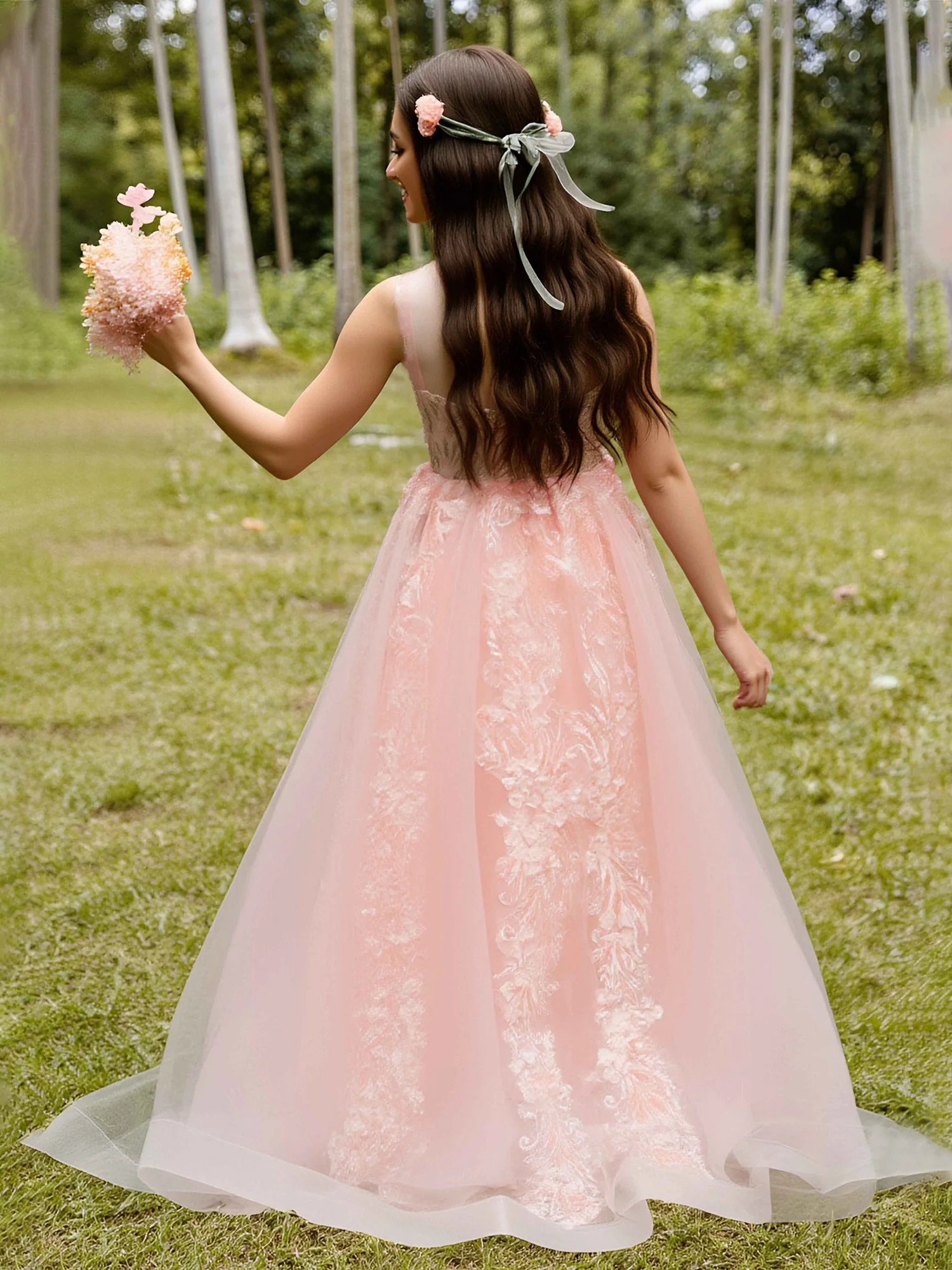 Illusion Ausschnitt Spitze Applique Tüll Blumenmädchen Kleid Perlrosa - Image 2