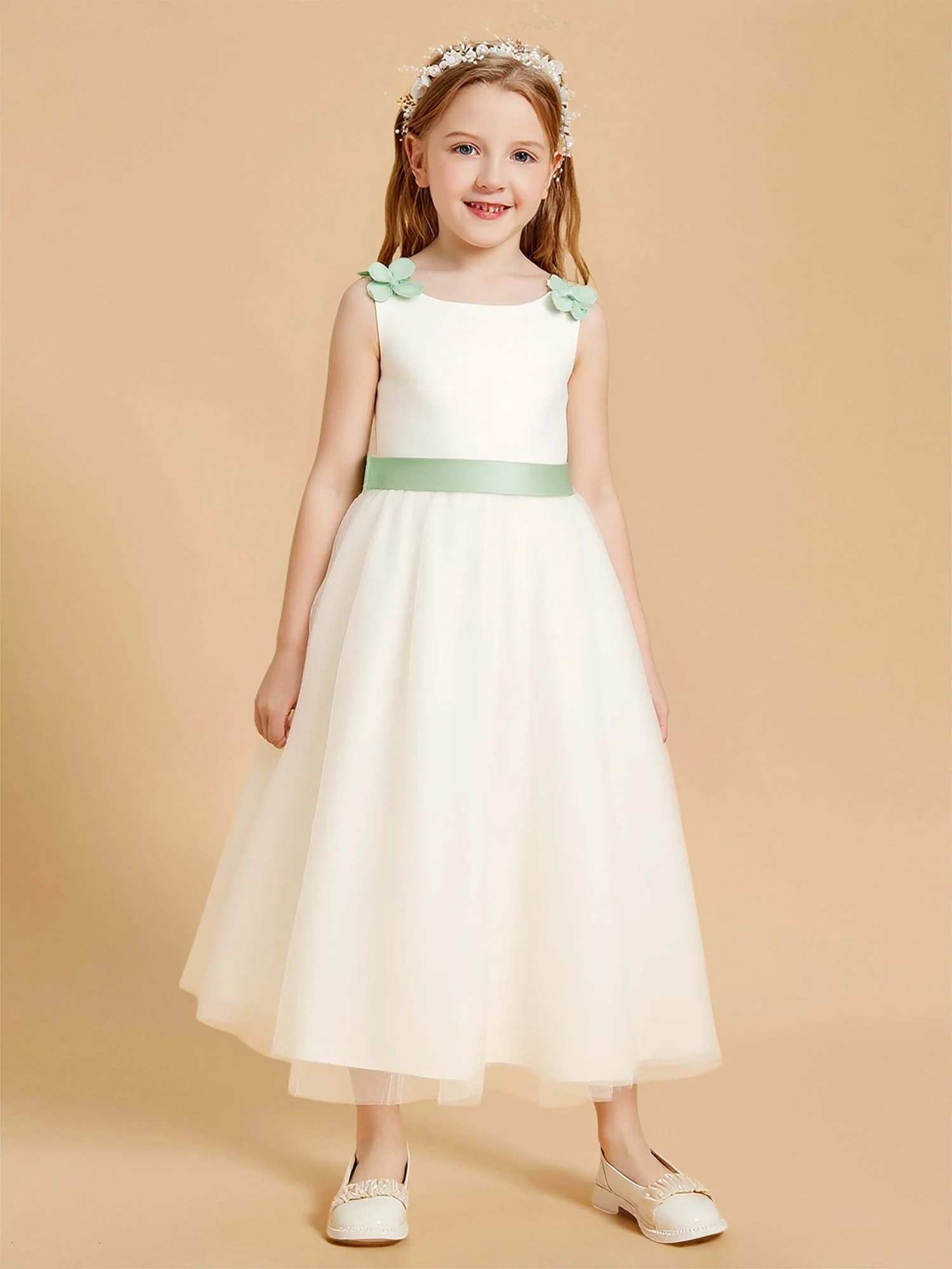 Ärmellos A-Linie Tüll Blumenmädchen Kleid mit Schleife Elfenbein