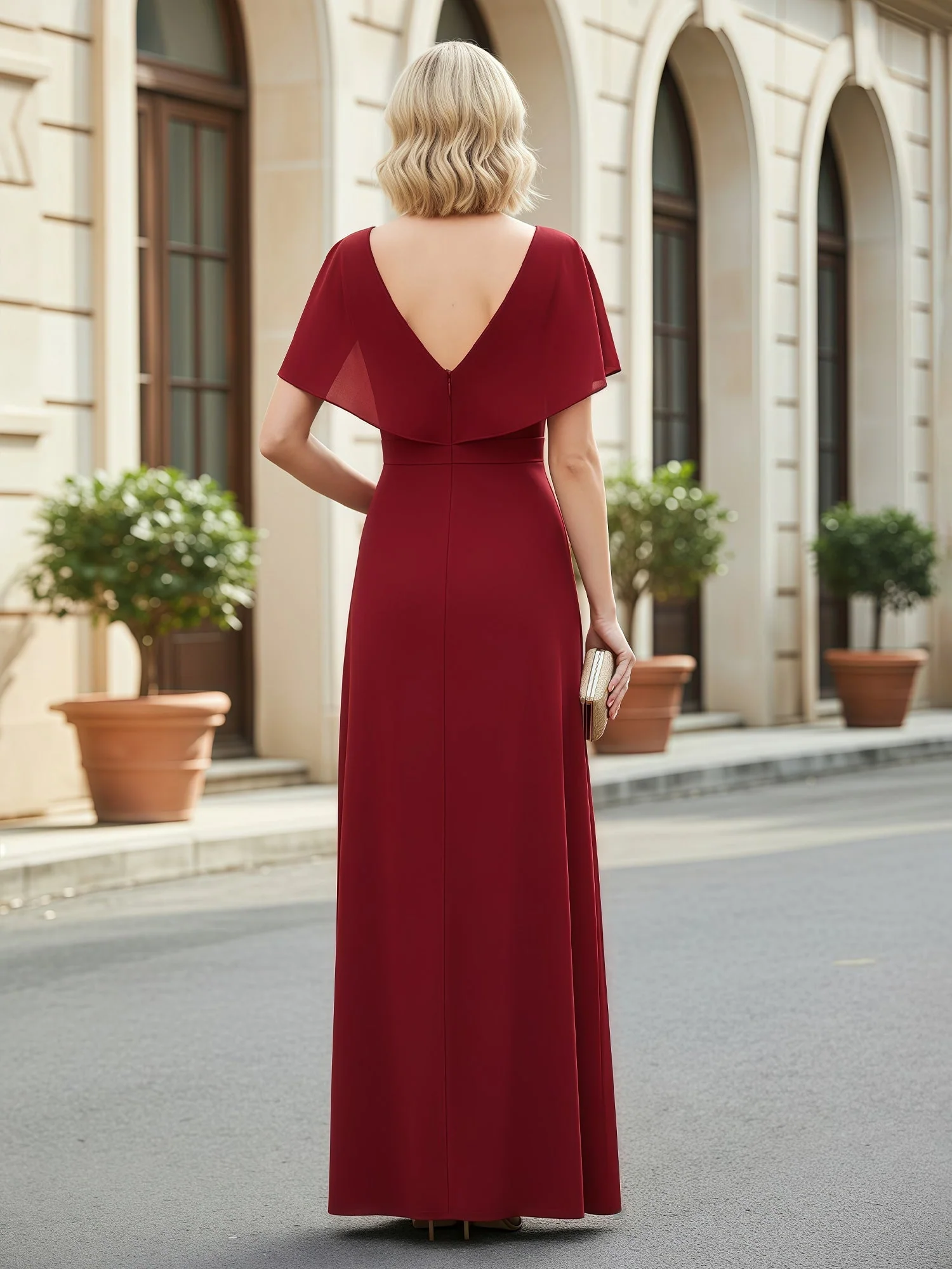 A-Linie Flatterärmel Plissee V-Ausschnitt Kleid mit Schlitz Plum - Image 2
