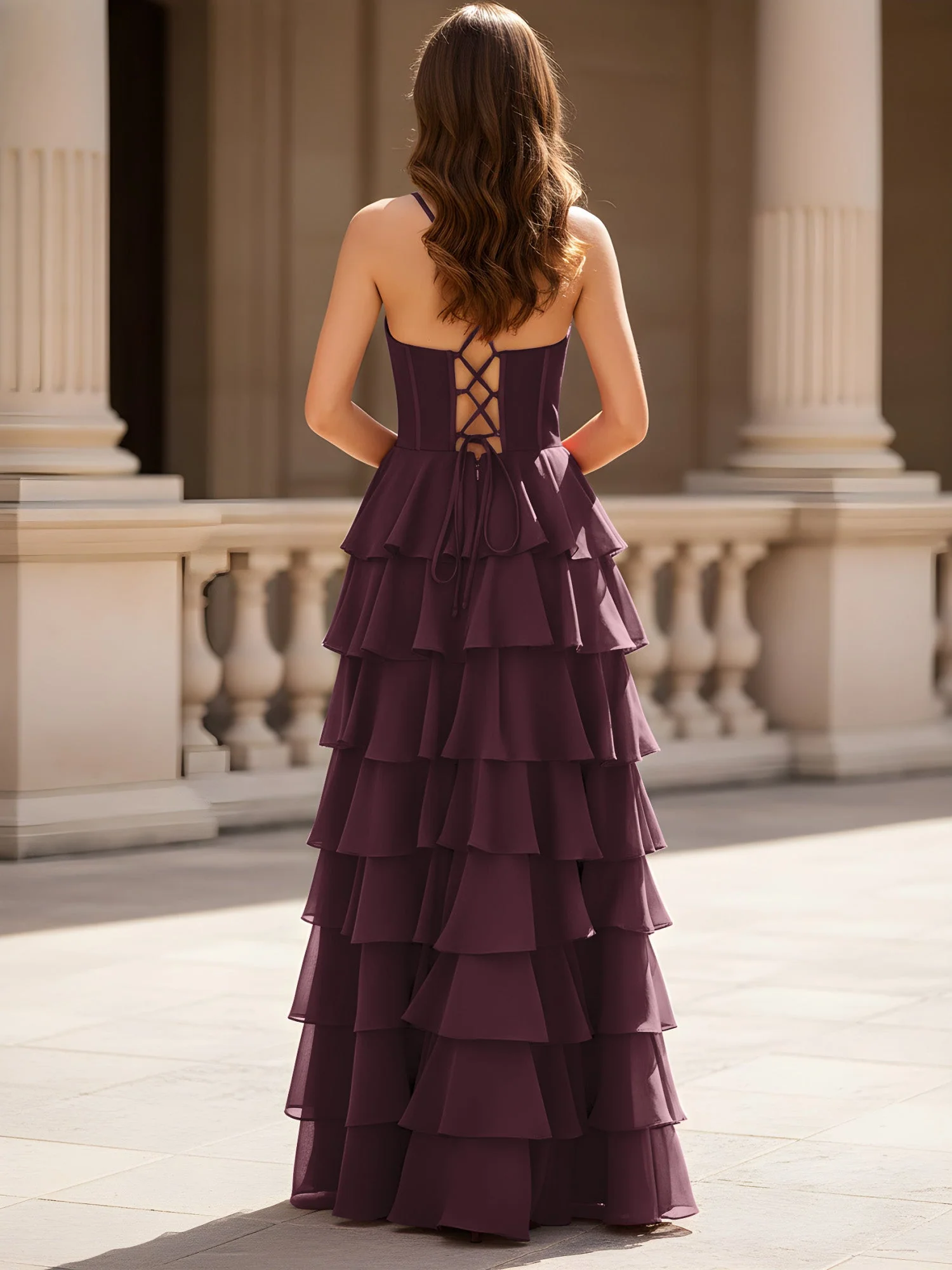 Herzform Ausschnitt A-Linie Chiffon Stufen Schlitz Kleid Cabernet - Image 2