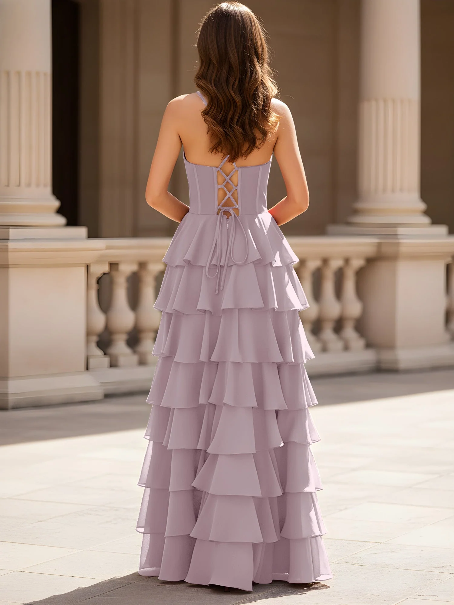 Herzform Ausschnitt A-Linie Chiffon Stufen Schlitz Kleid Dämmerung - Image 2