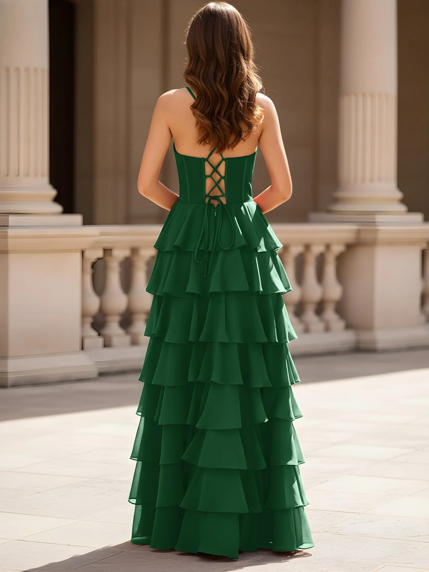 Herzform Ausschnitt A-Linie Chiffon Stufen Schlitz Kleid Dunkelgrün - Image 2