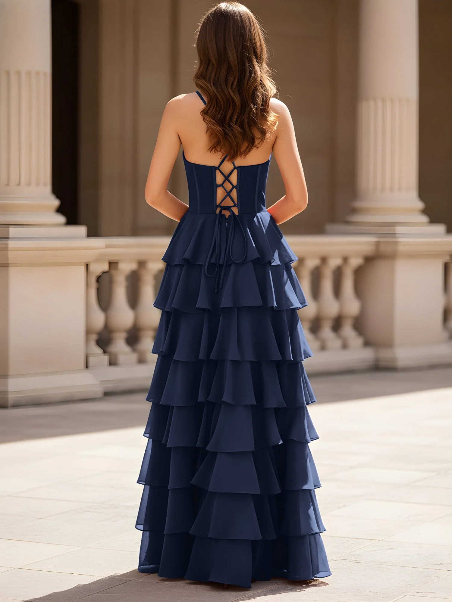 Herzform Ausschnitt A-Linie Chiffon Stufen Schlitz Kleid Dunkelmarine - Image 2