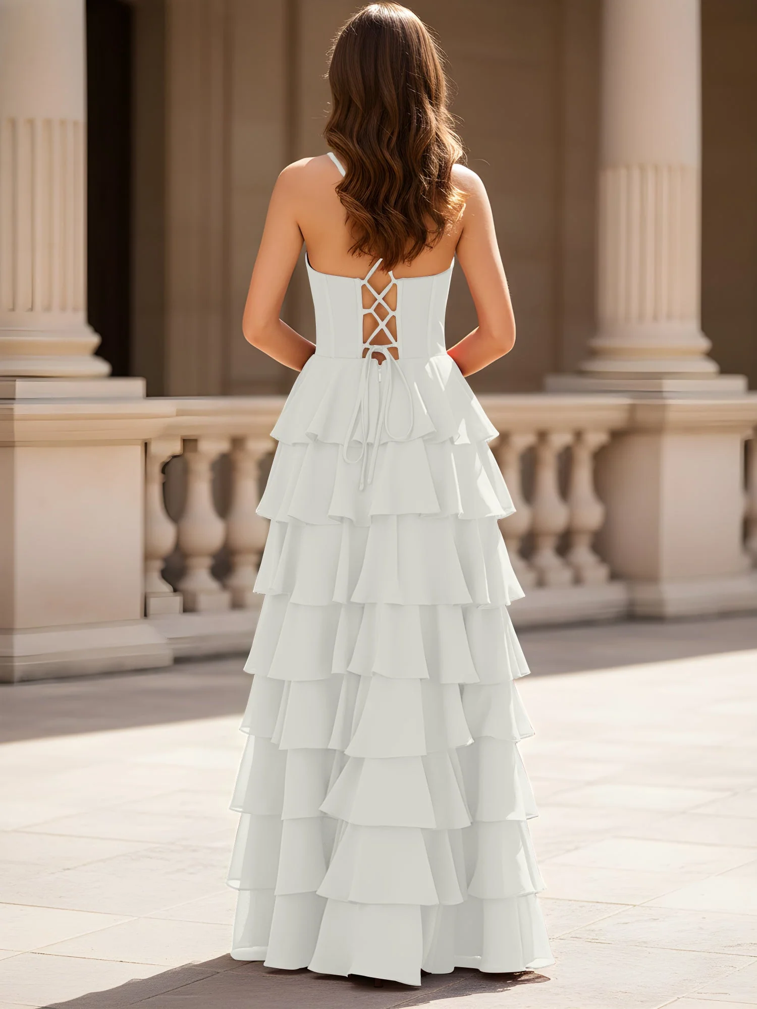 Herzform Ausschnitt A-Linie Chiffon Stufen Schlitz Kleid Elfenbein - Image 2
