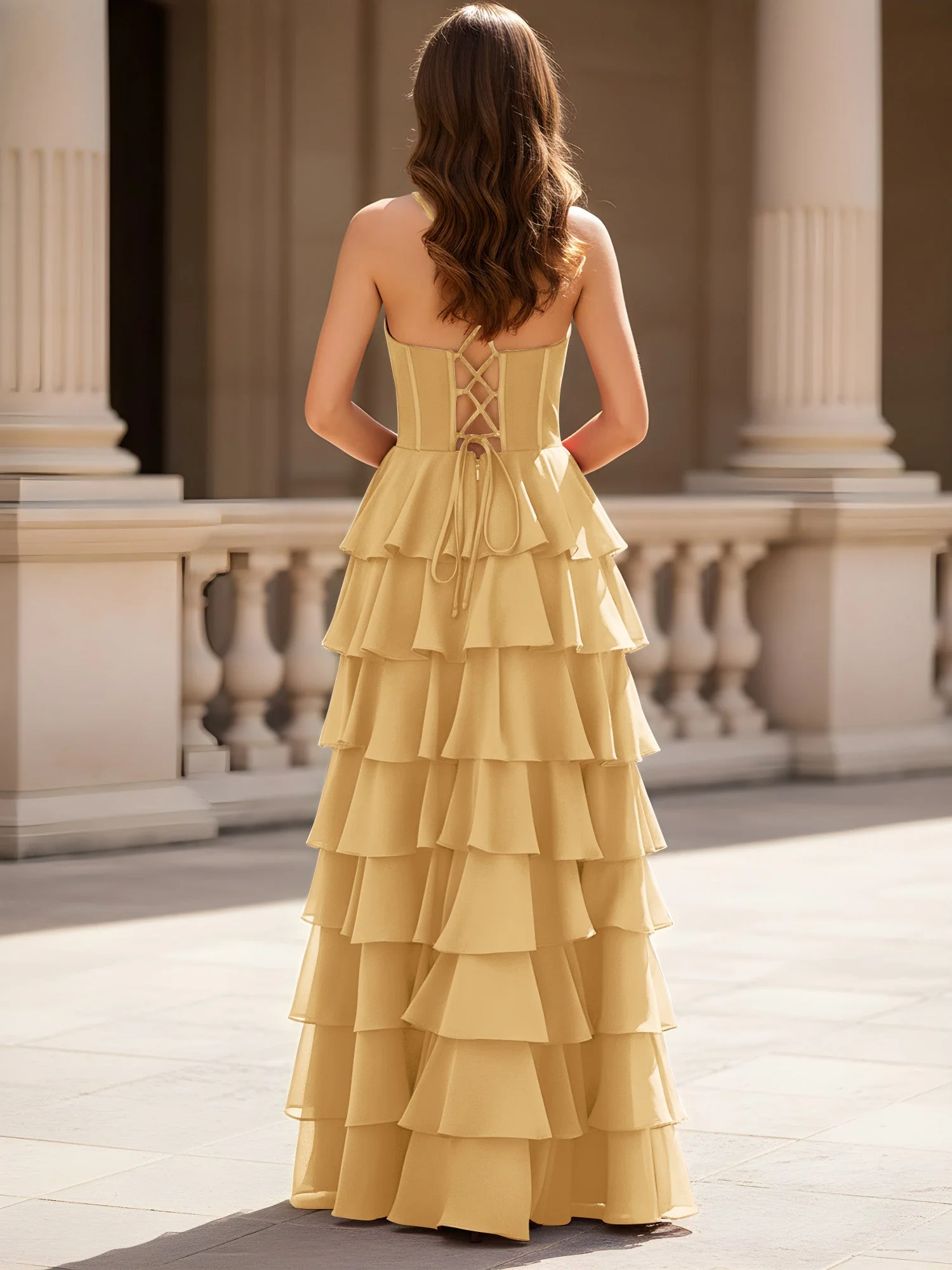Herzform Ausschnitt A-Linie Chiffon Stufen Schlitz Kleid Gold - Image 2