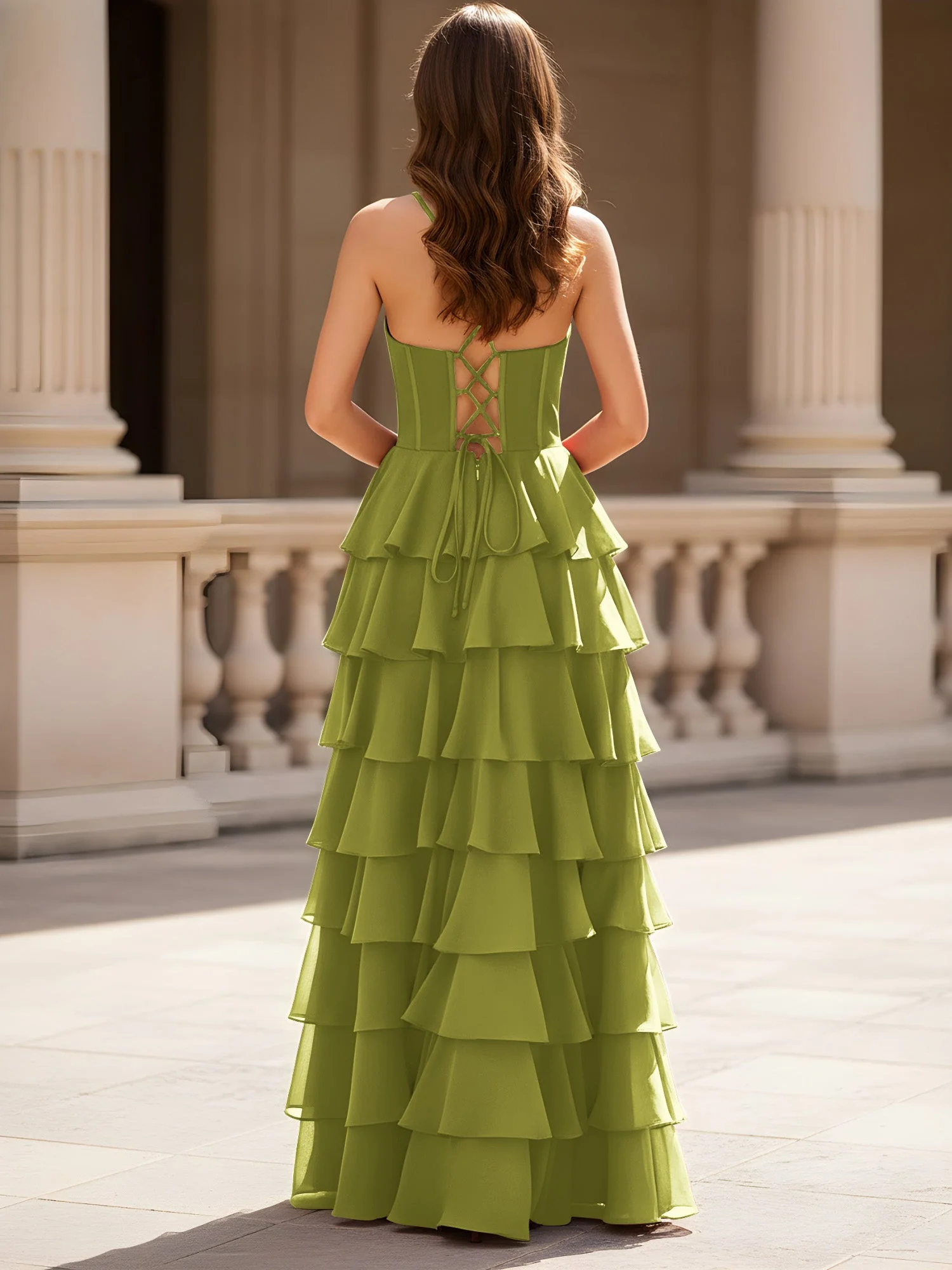 Herzform Ausschnitt A-Linie Chiffon Stufen Schlitz Kleid Kleegrün - Image 2