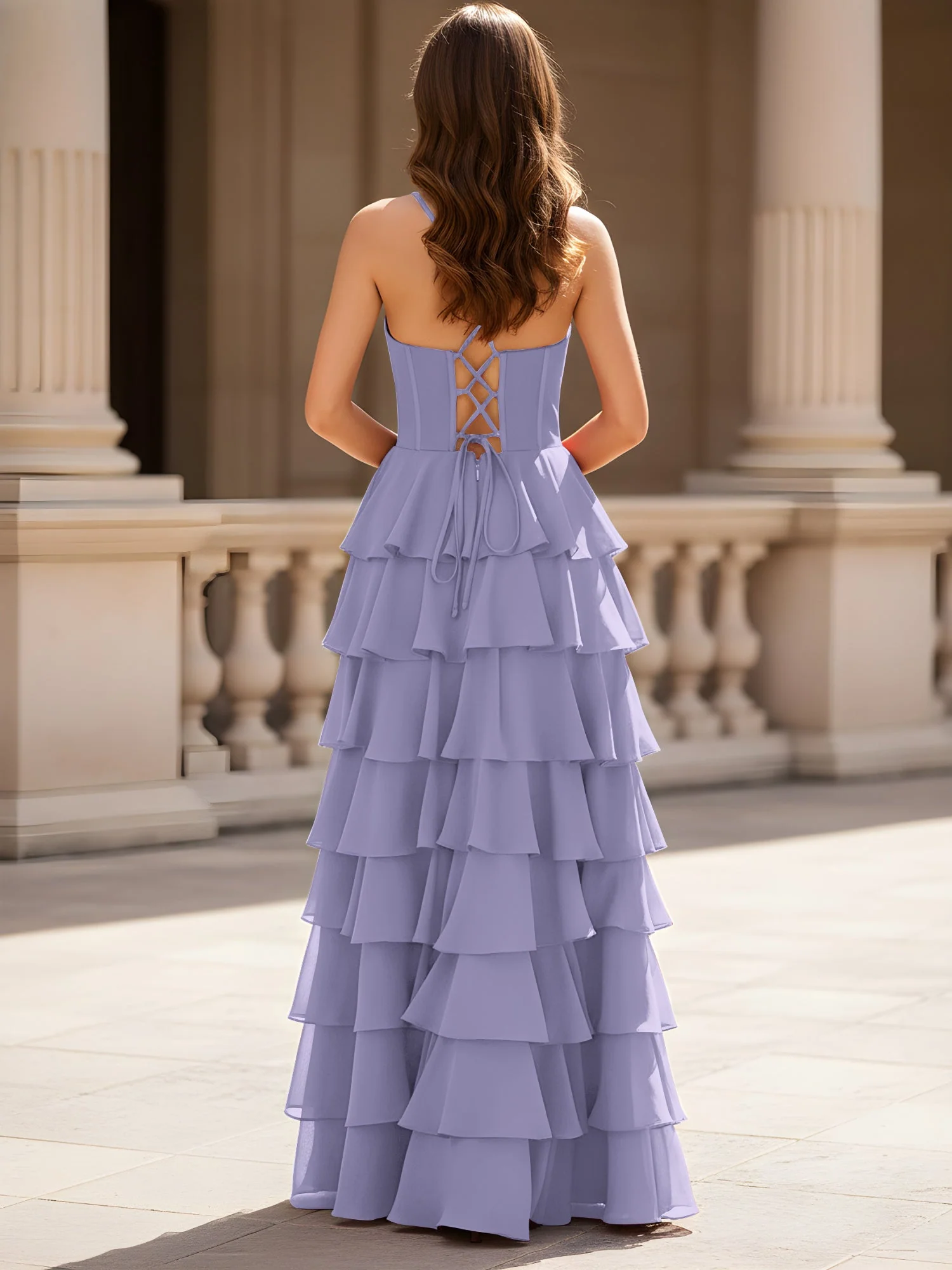Herzform Ausschnitt A-Linie Chiffon Stufen Schlitz Kleid Lavendel - Image 2