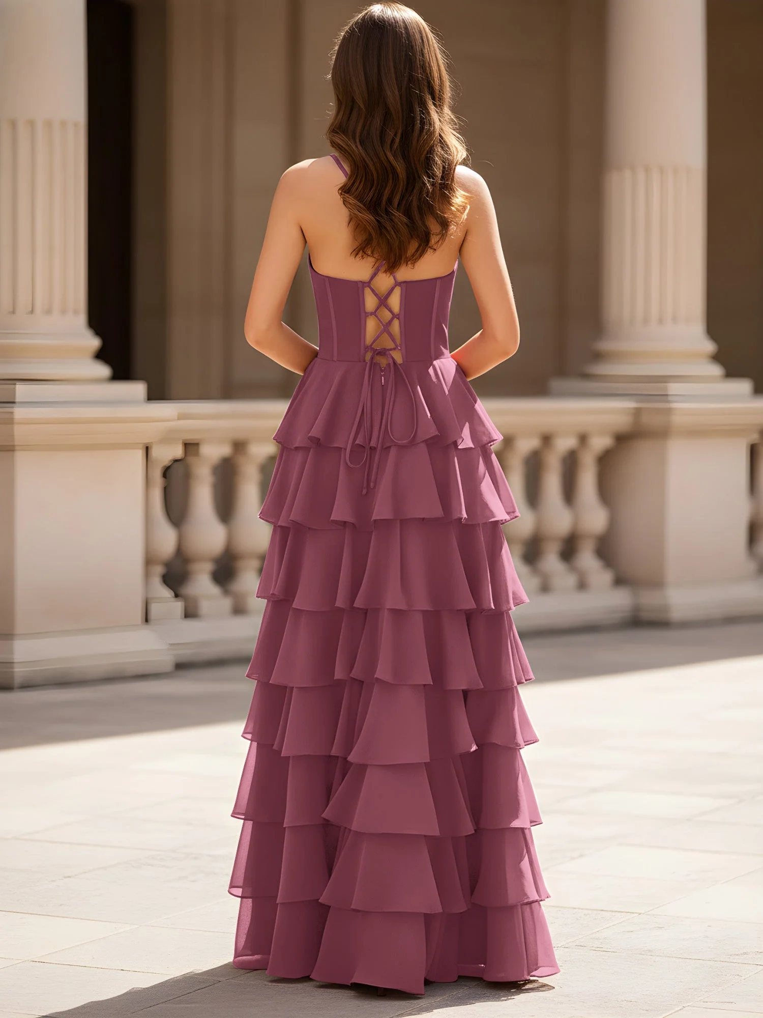 Herzform Ausschnitt A-Linie Chiffon Stufen Schlitz Kleid Maulbeere - Image 2