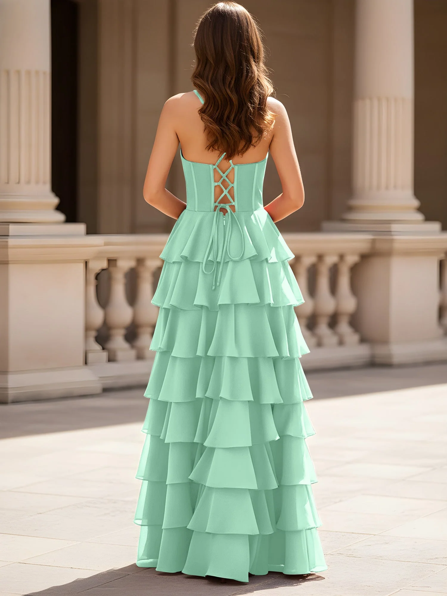 Herzform Ausschnitt A-Linie Chiffon Stufen Schlitz Kleid Minzgrün - Image 2