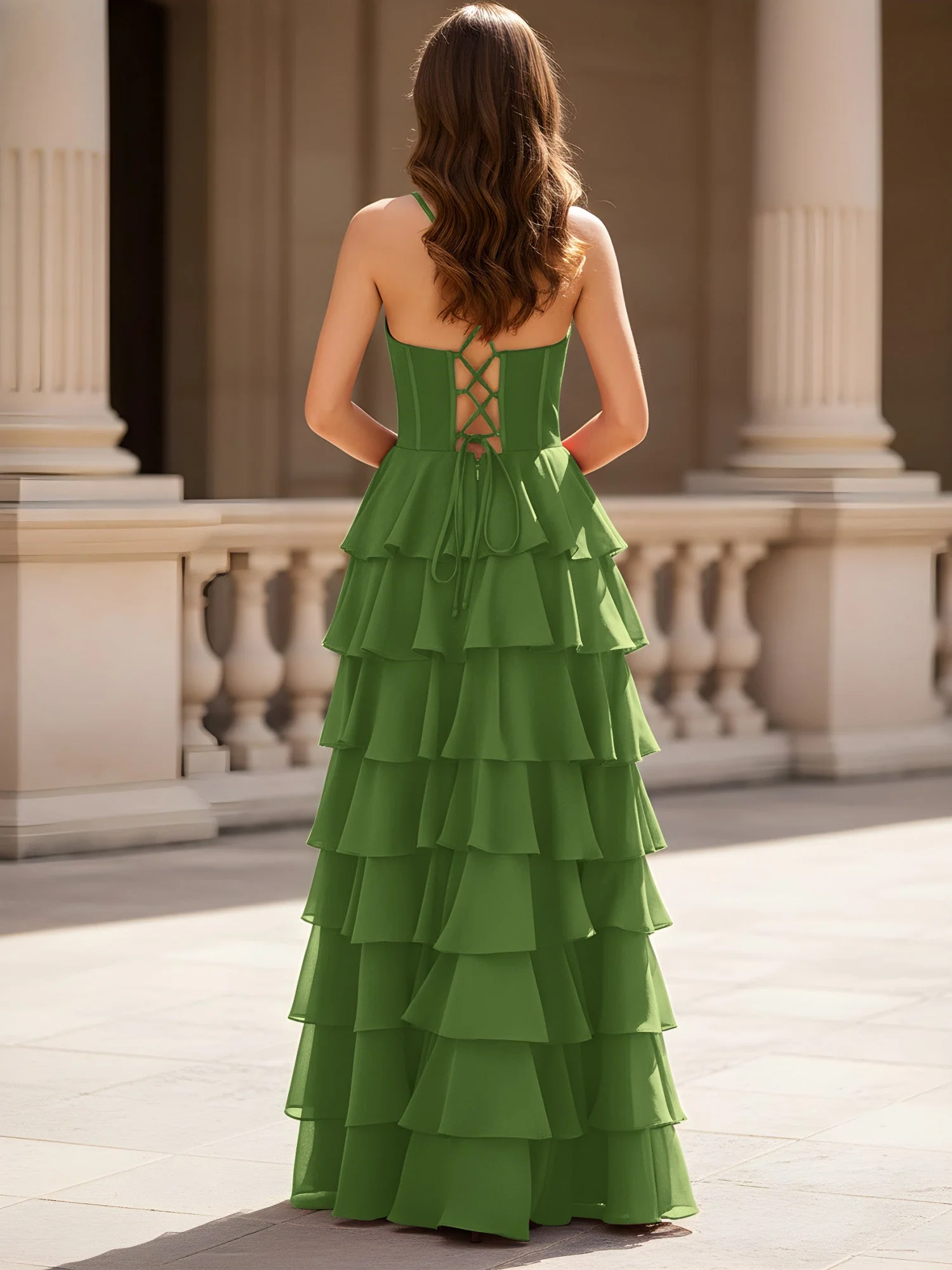 Herzform Ausschnitt A-Linie Chiffon Stufen Schlitz Kleid Moos - Image 2