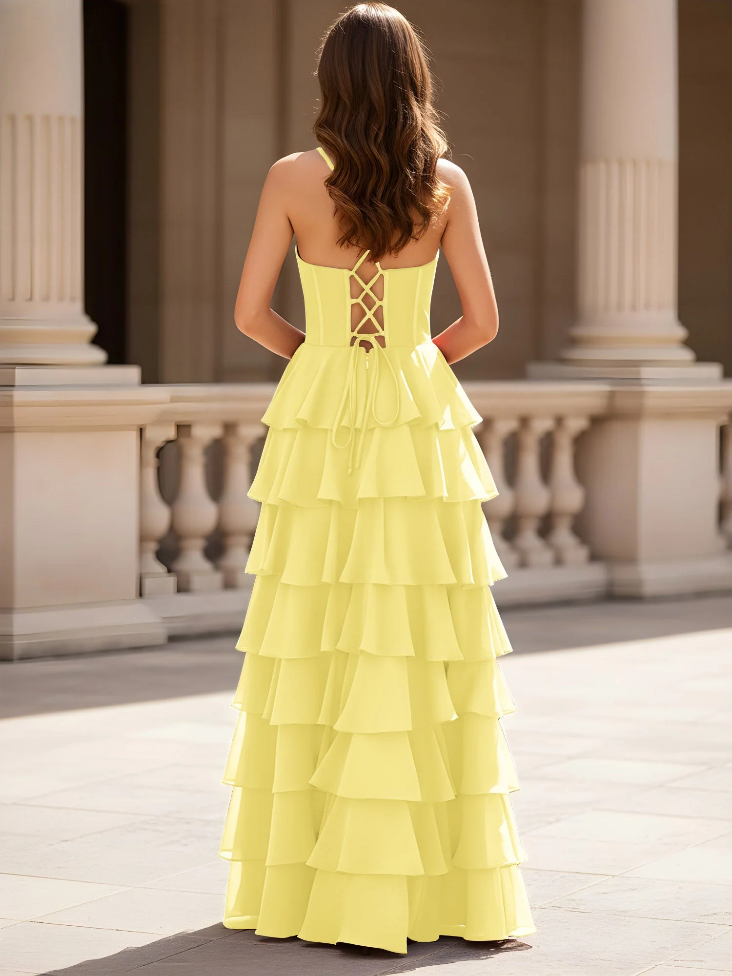 Herzform Ausschnitt A-Linie Chiffon Stufen Schlitz Kleid Narzisse - Image 2