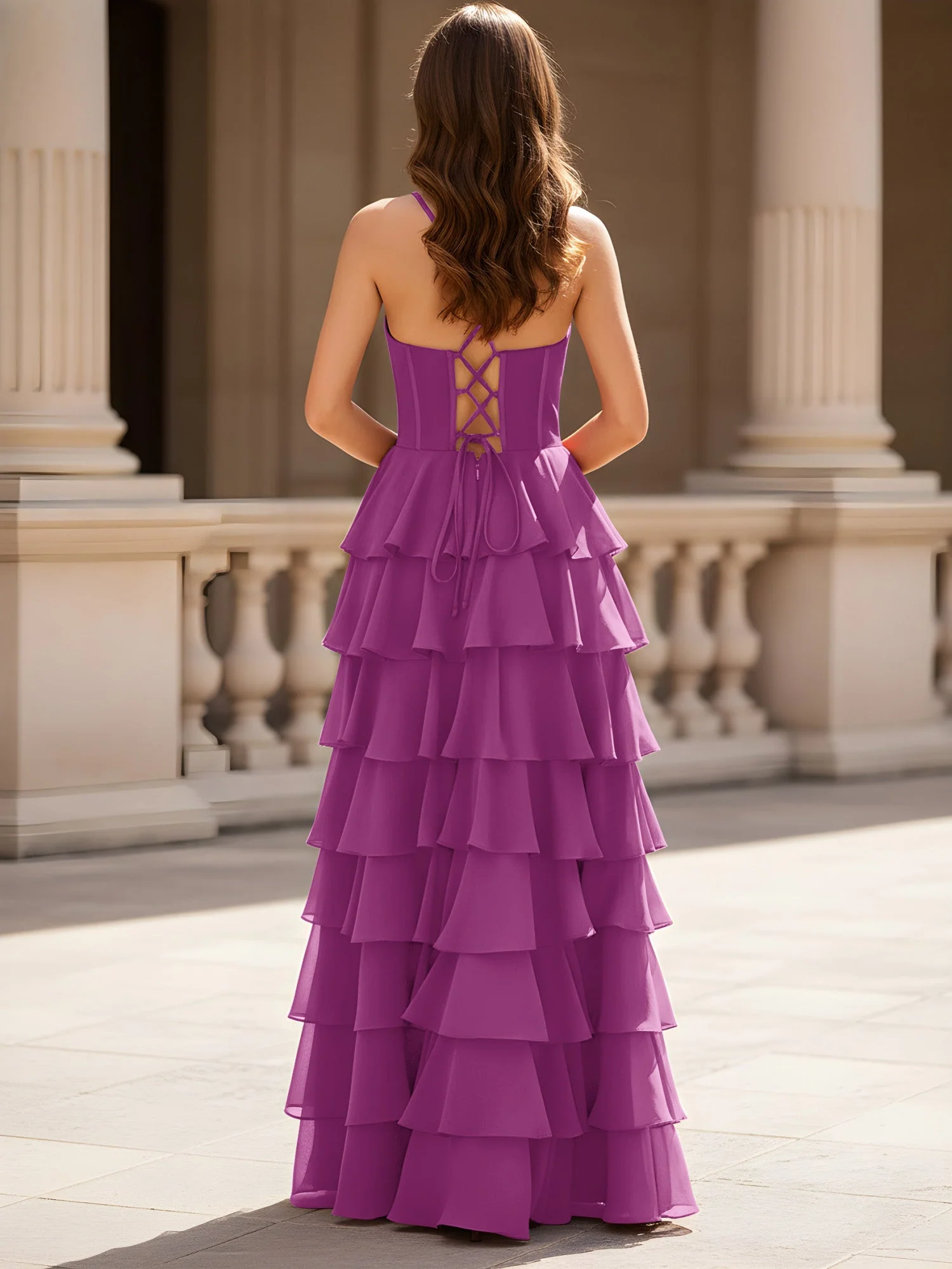 Herzform Ausschnitt A-Linie Chiffon Stufen Schlitz Kleid Orchidee - Image 2