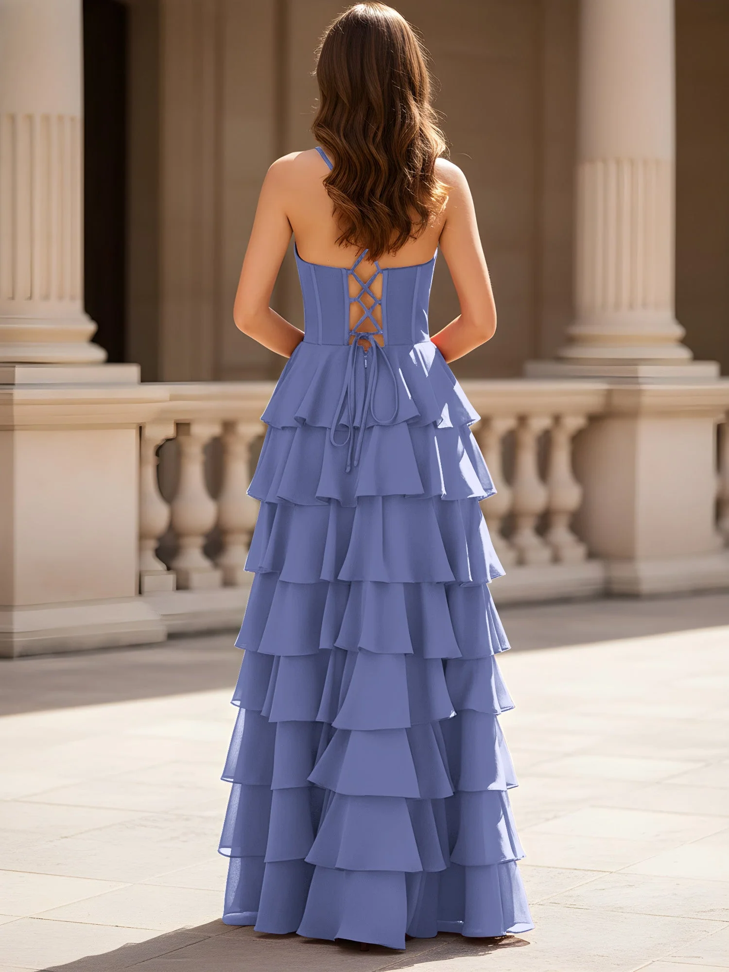 Herzform Ausschnitt A-Linie Chiffon Stufen Schlitz Kleid Periwinkleblau - Image 2