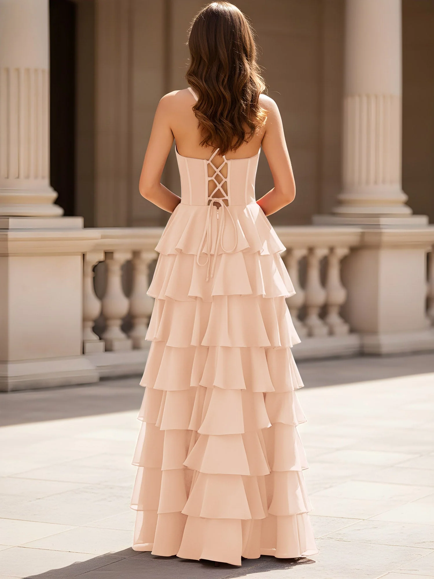 Herzform Ausschnitt A-Linie Chiffon Stufen Schlitz Kleid Perlrosa - Image 2