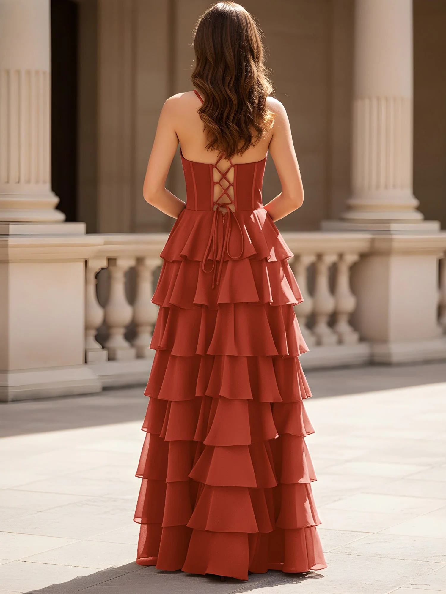 Herzform Ausschnitt A-Linie Chiffon Stufen Schlitz Kleid Rost - Image 2