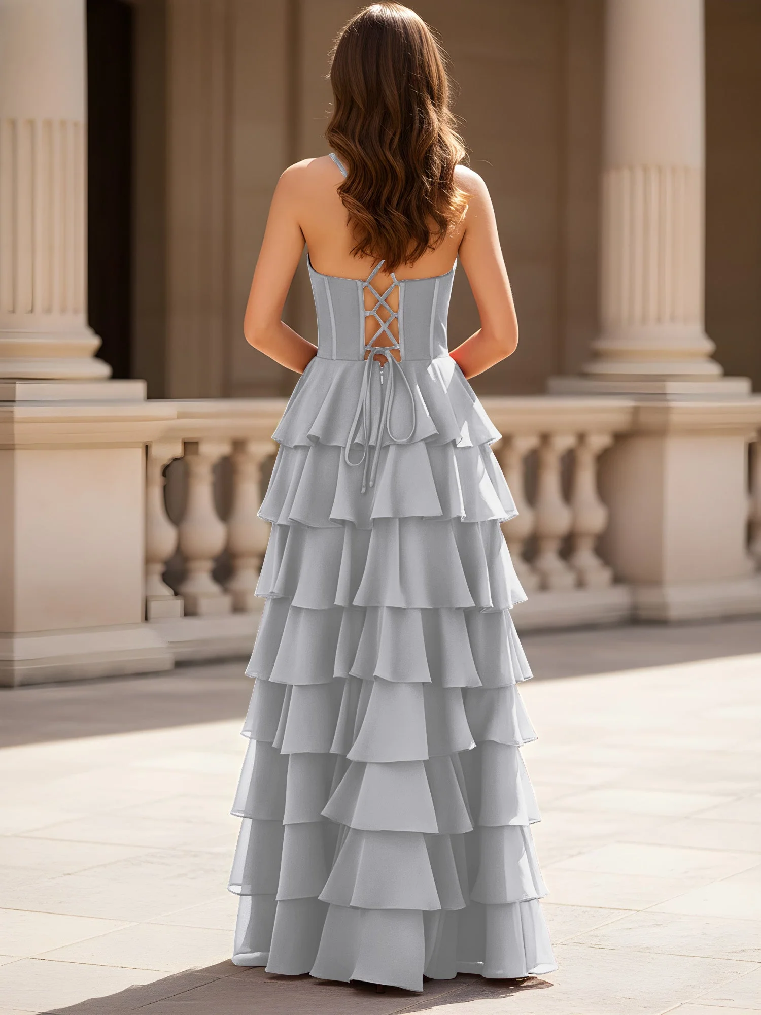 Herzform Ausschnitt A-Linie Chiffon Stufen Schlitz Kleid Silber - Image 2