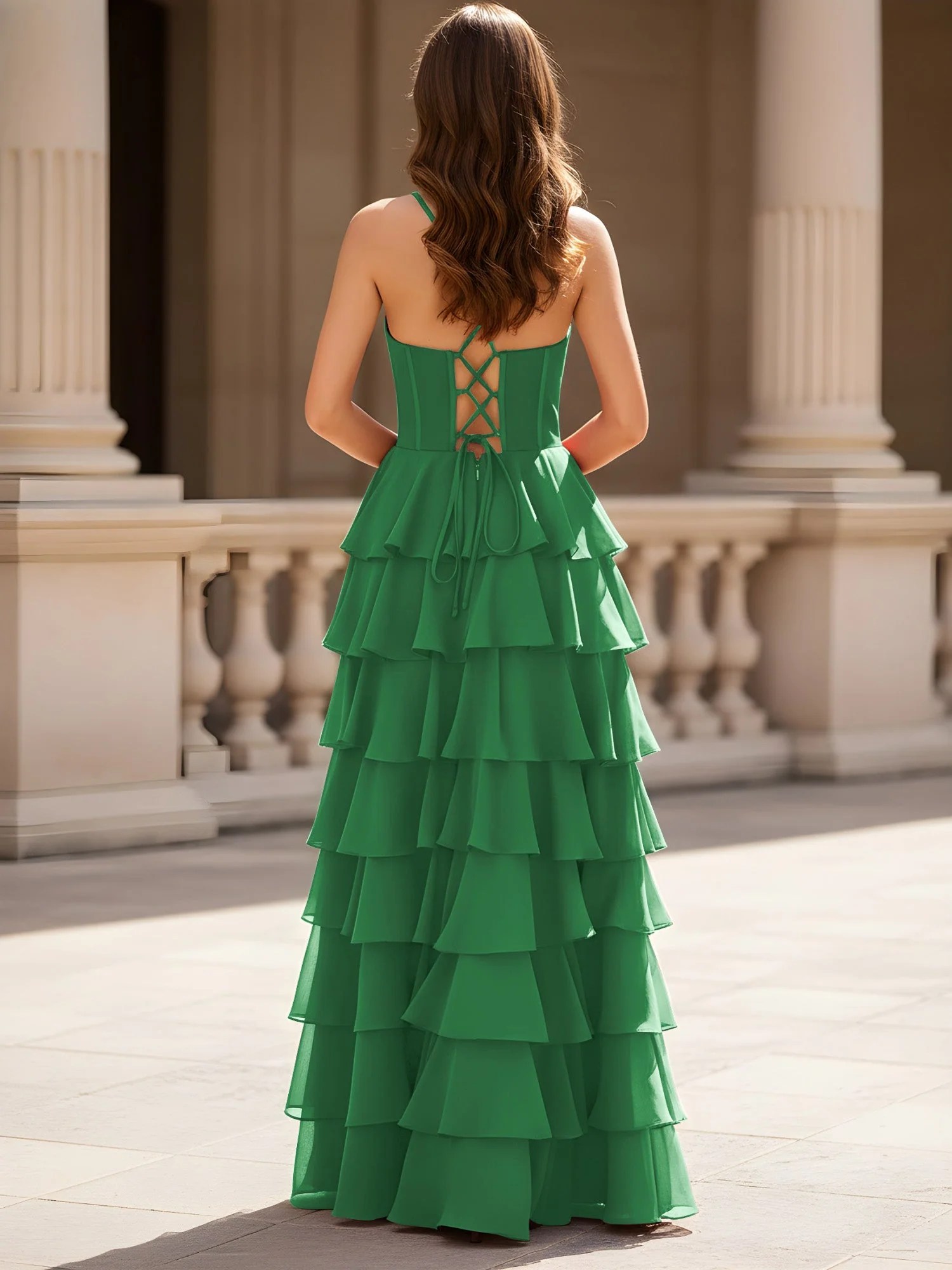 Herzform Ausschnitt A-Linie Chiffon Stufen Schlitz Kleid Smaragd - Image 2