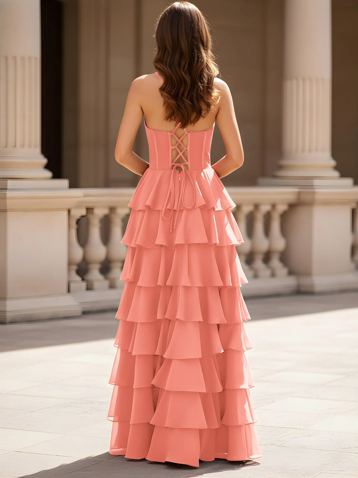 Herzform Ausschnitt A-Linie Chiffon Stufen Schlitz Kleid Sonnenuntergang - Image 2