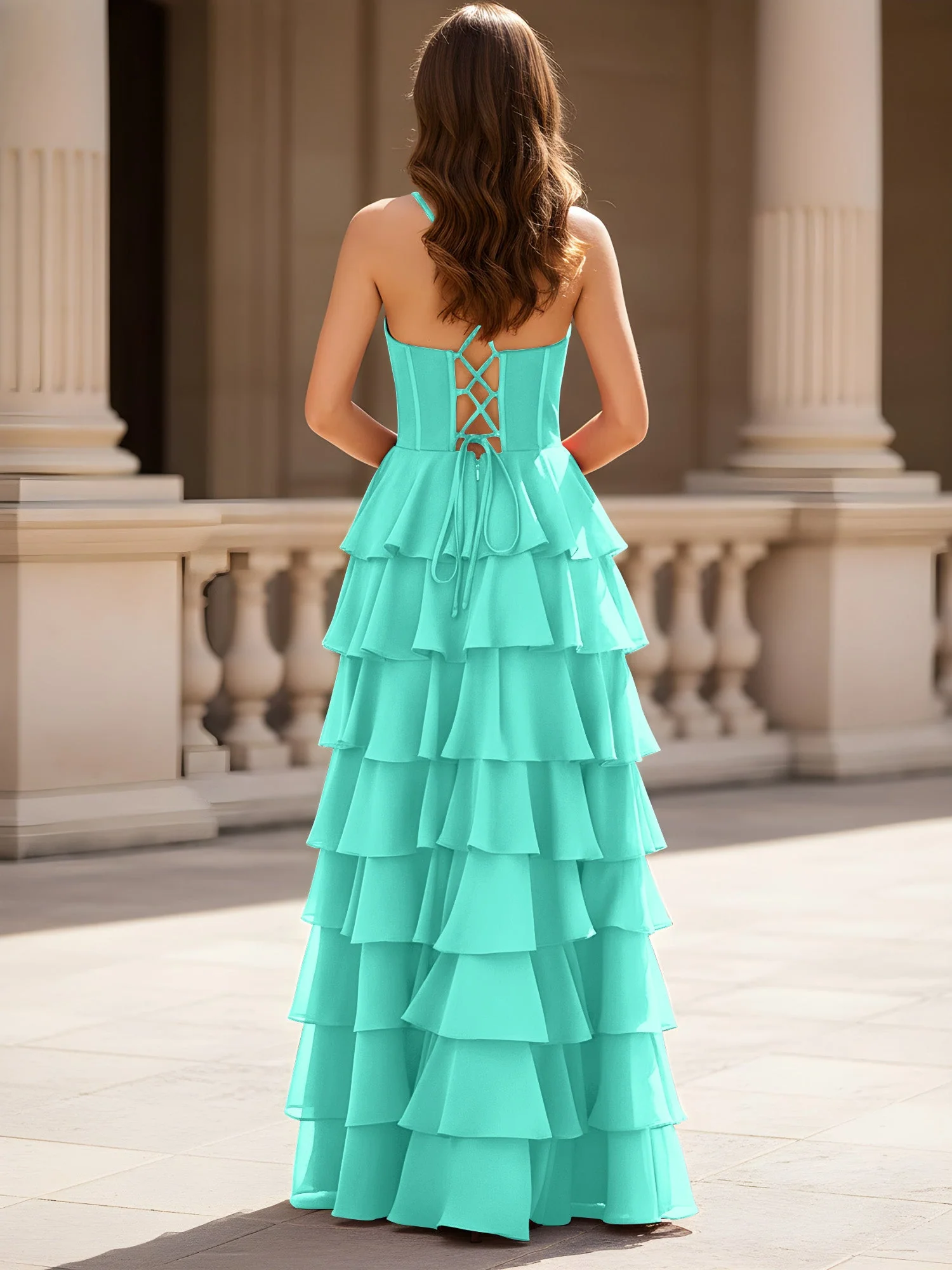 Herzform Ausschnitt A-Linie Chiffon Stufen Schlitz Kleid Spa - Image 2