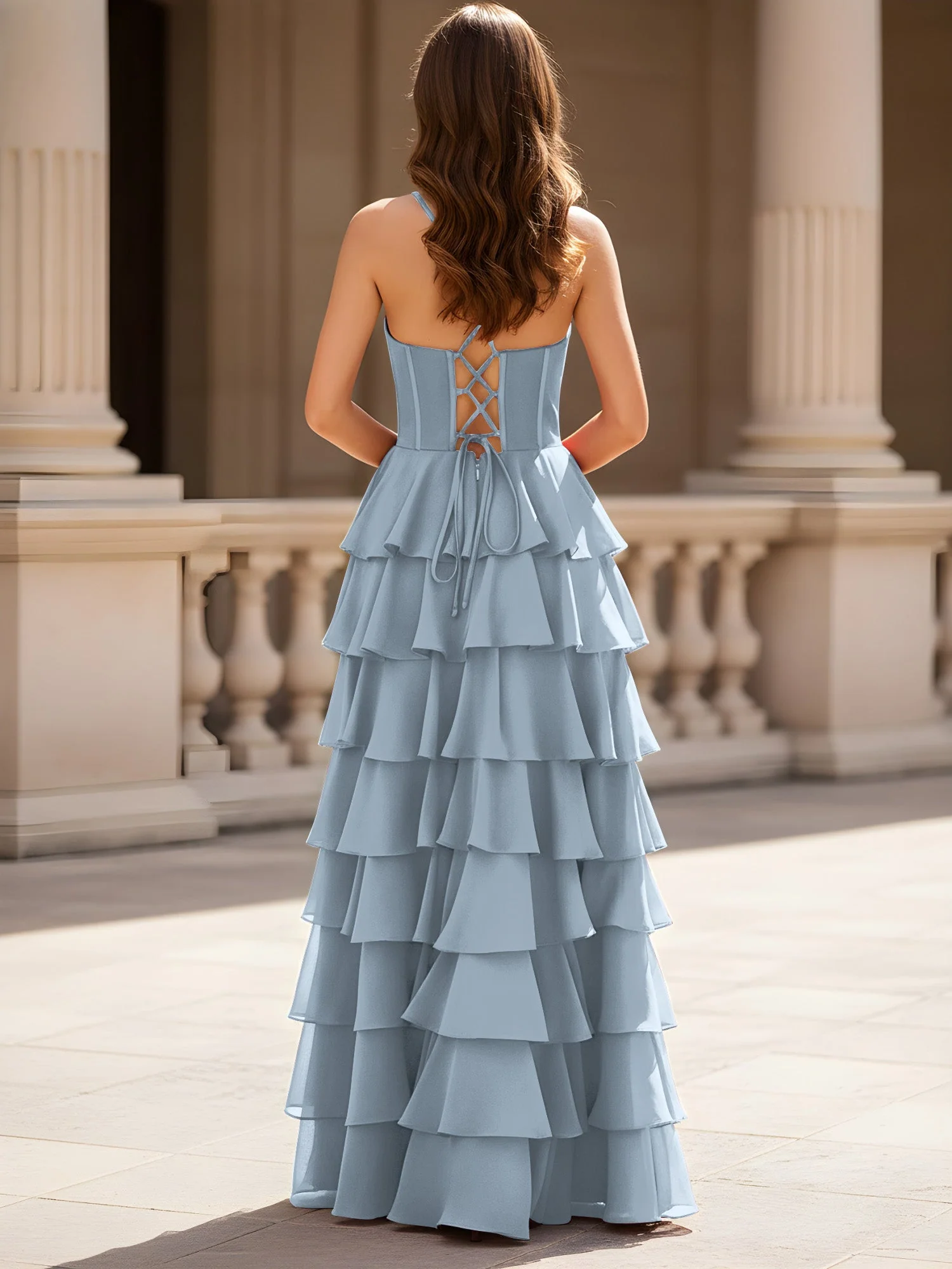 Herzform Ausschnitt A-Linie Chiffon Stufen Schlitz Kleid Staubiges Blau - Image 2