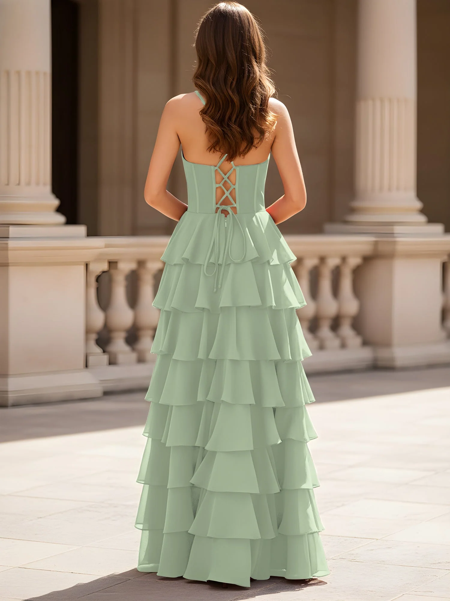 Herzform Ausschnitt A-Linie Chiffon Stufen Schlitz Kleid Staubiges Salbei - Image 2