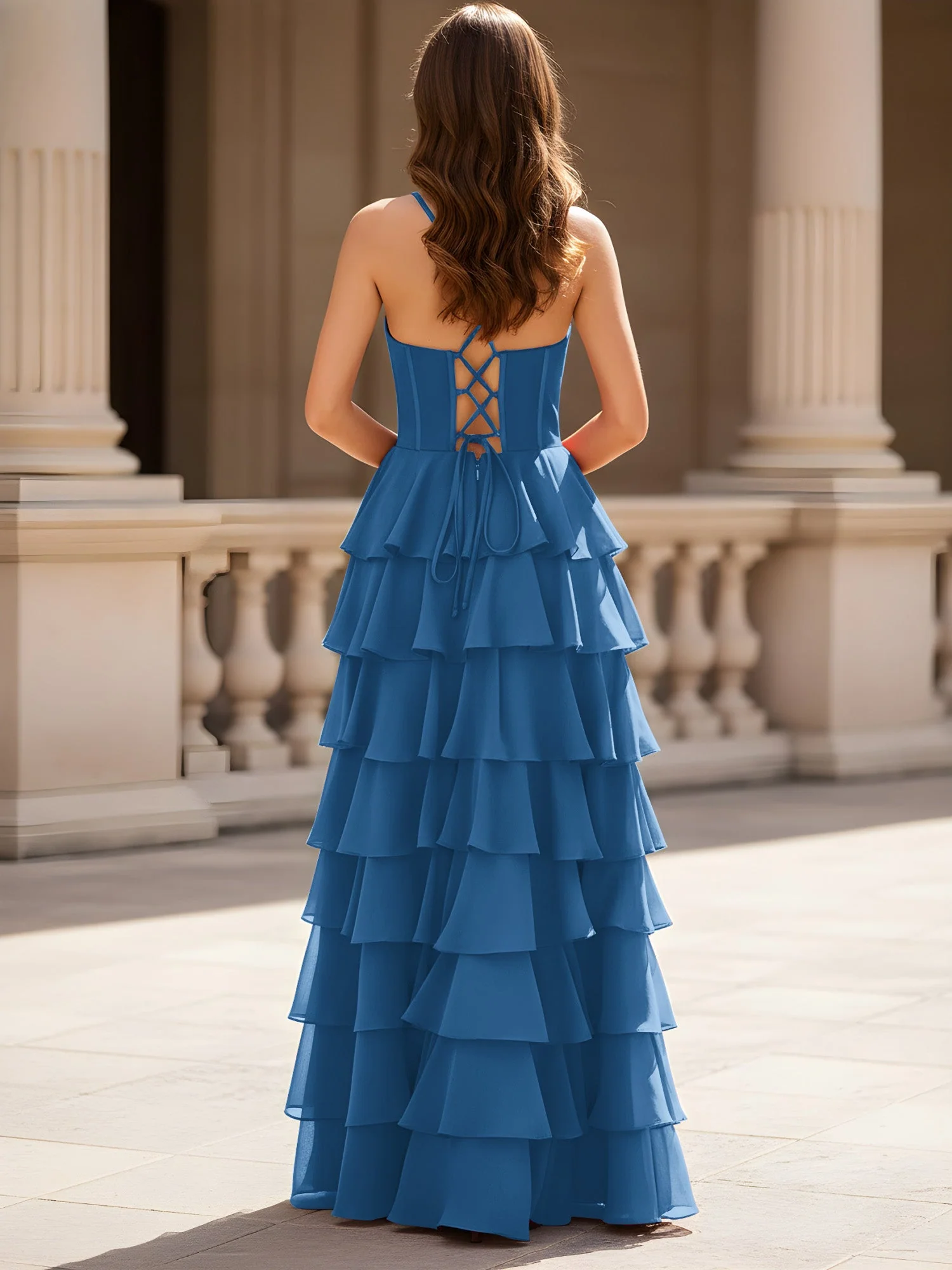 Herzform Ausschnitt A-Linie Chiffon Stufen Schlitz Kleid Tinte Blau - Image 2