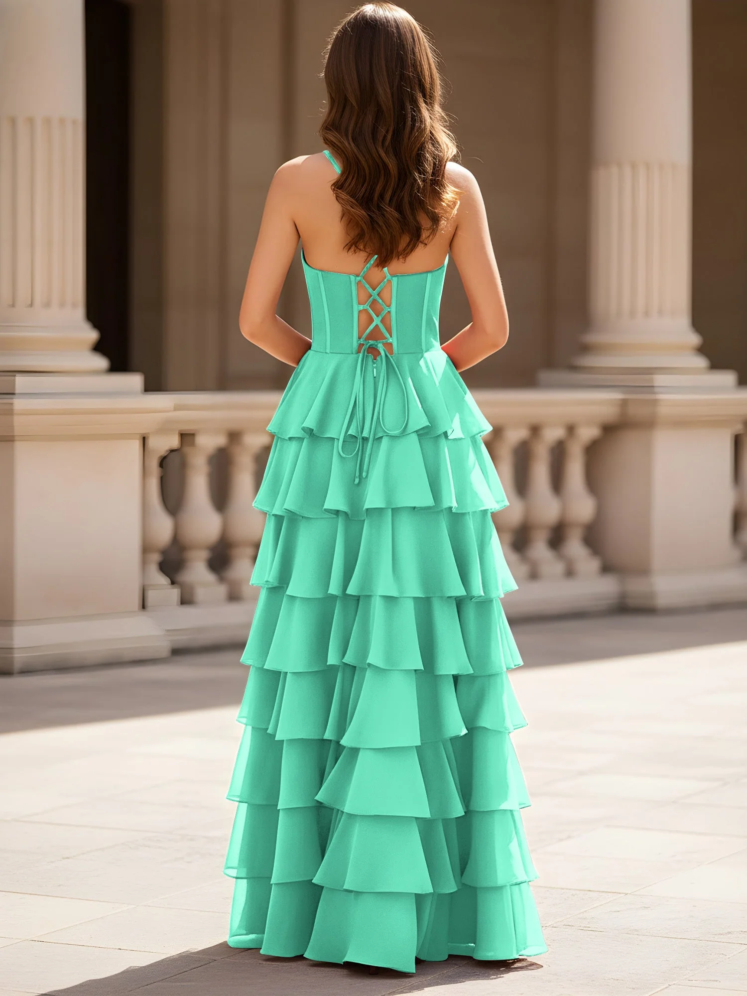 Herzform Ausschnitt A-Linie Chiffon Stufen Schlitz Kleid Türkis - Image 2