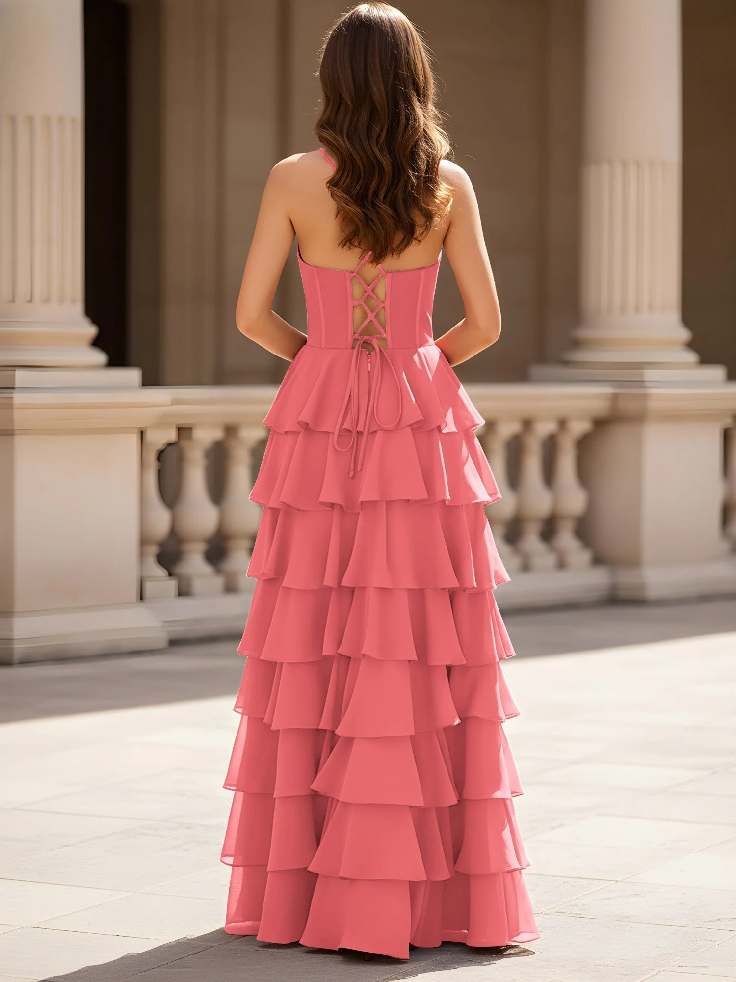 Herzform Ausschnitt A-Linie Chiffon Stufen Schlitz Kleid Wassermelone - Image 2