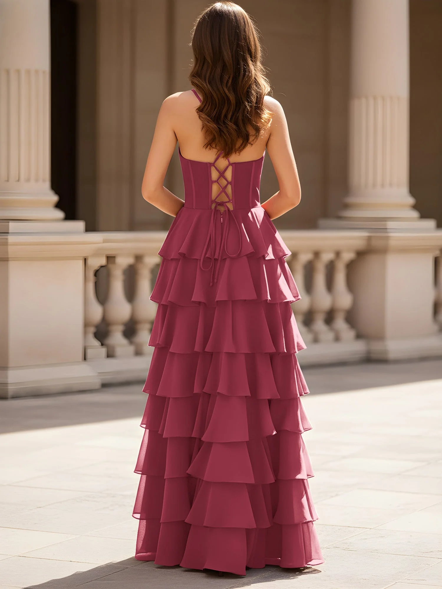 Herzform Ausschnitt A-Linie Chiffon Stufen Schlitz Kleid Zimtrose - Image 2
