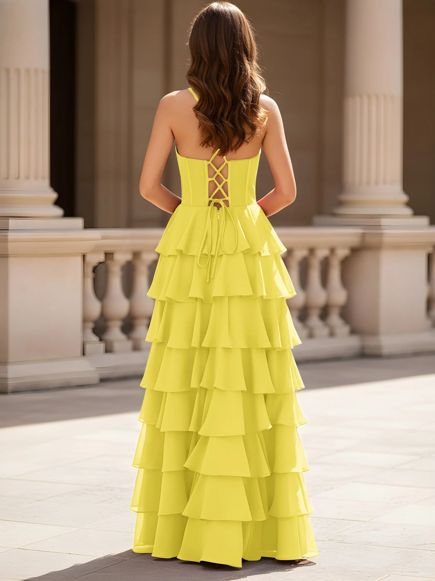 Herzform Ausschnitt A-Linie Chiffon Stufen Schlitz Kleid Zitrone - Image 2
