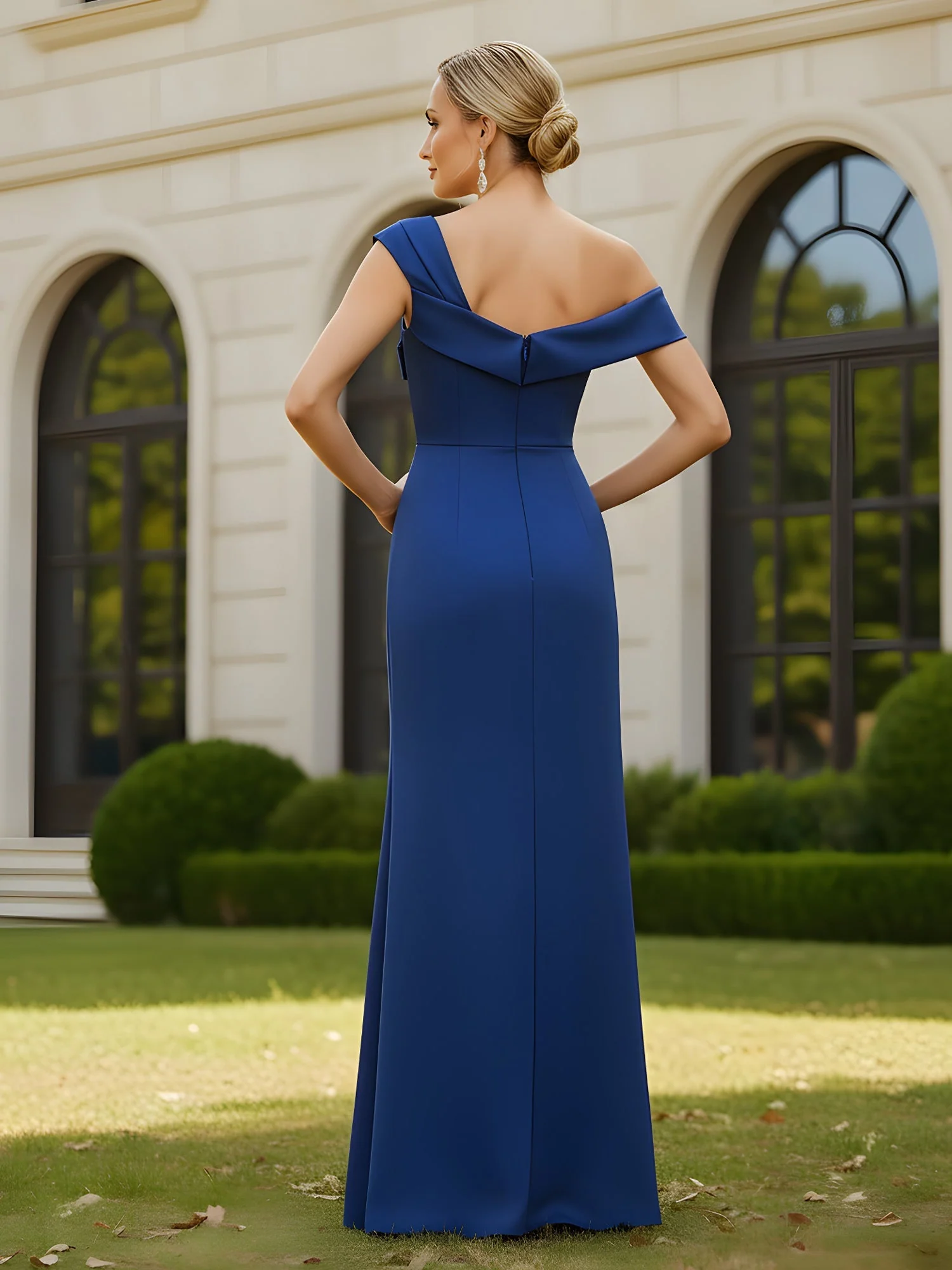 Elegant Eine Schulter Etui Lang Kleid mit Schlitz Meerblau - Image 2