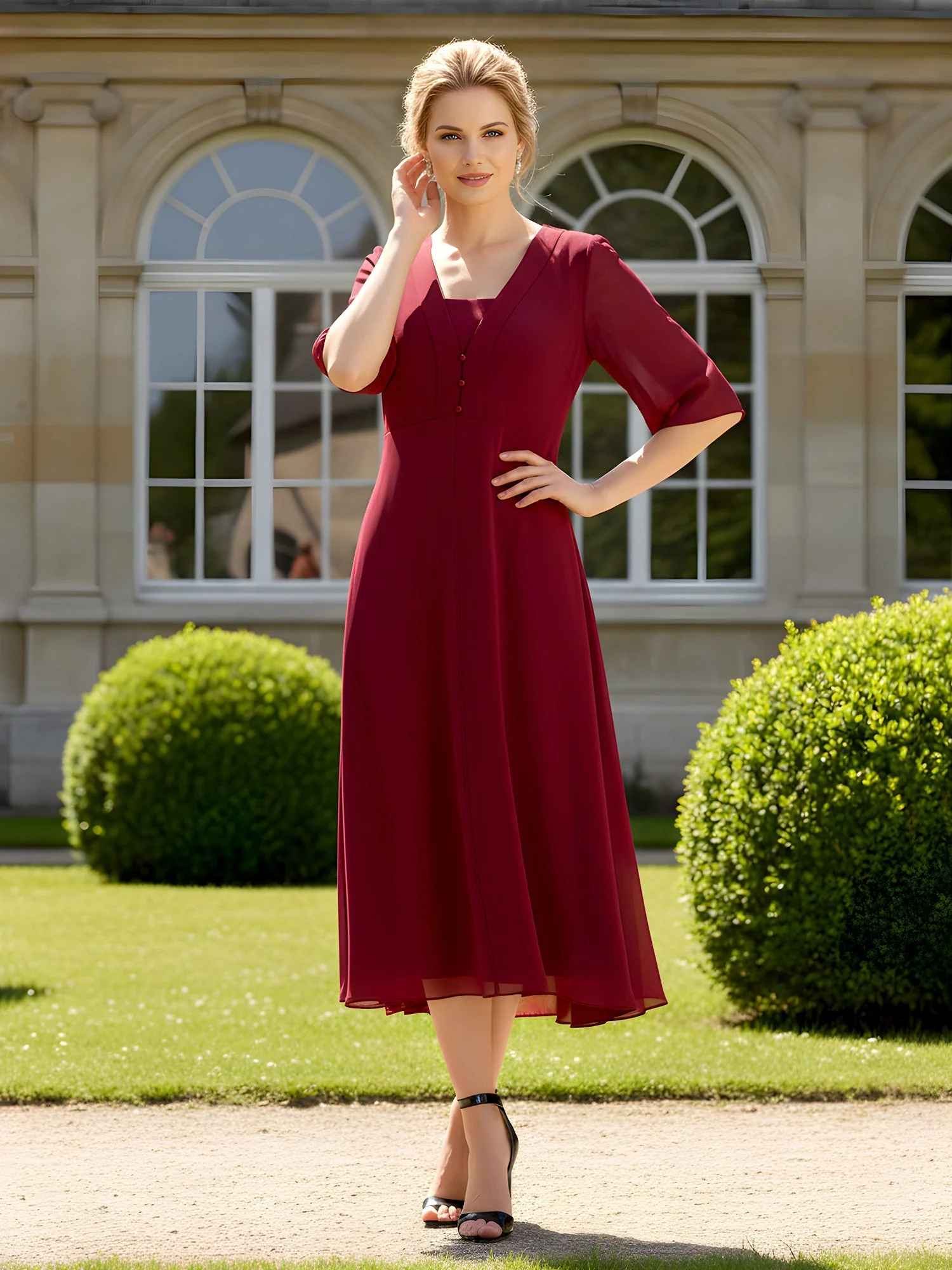 Quadratischer Ausschnitt Chiffon A-Linie Wadenlang Kleid mit Jacke Dunkelmarine