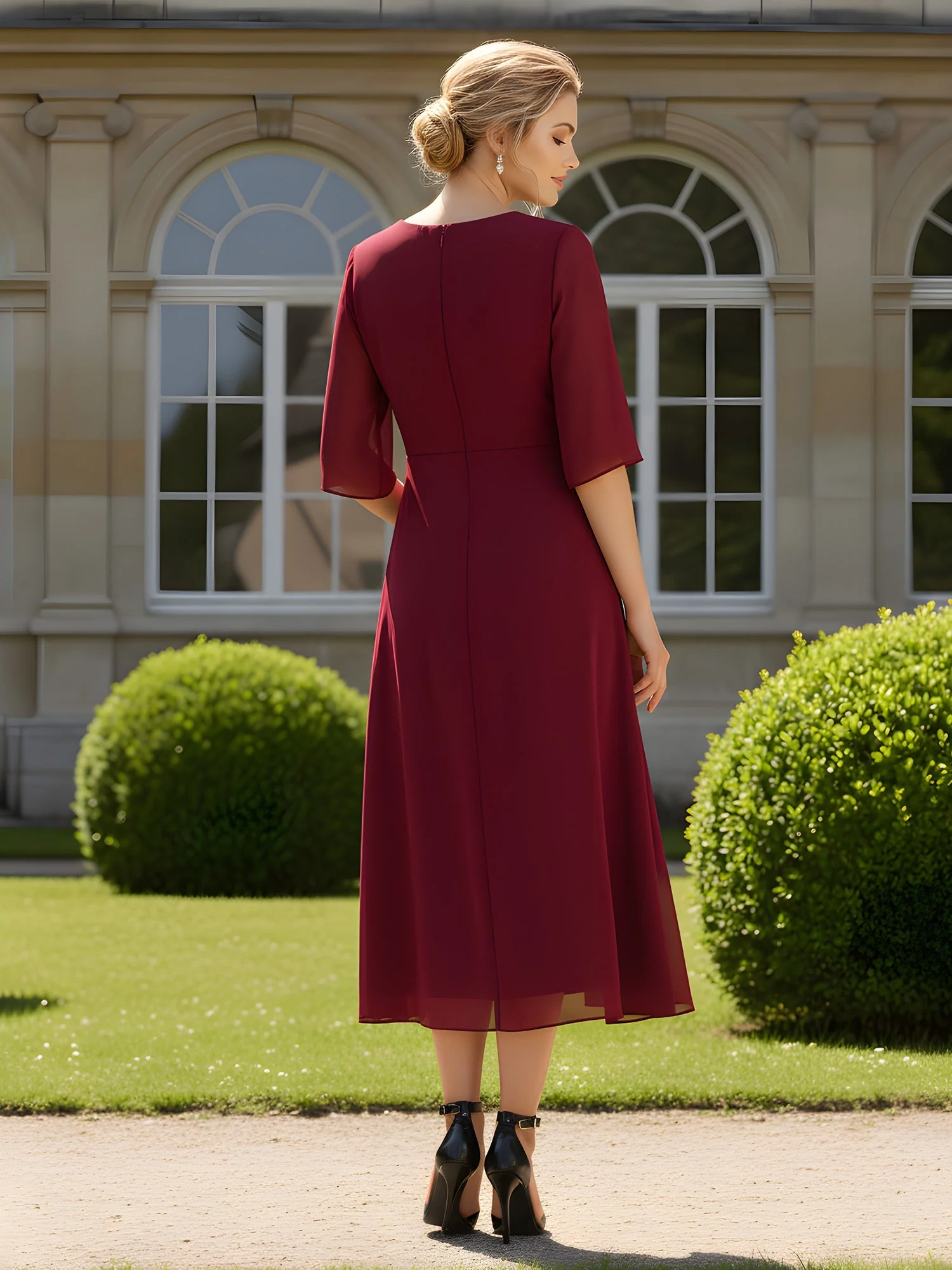 Quadratischer Ausschnitt Chiffon A-Linie Wadenlang Kleid mit Jacke Kleegrün - Image 2