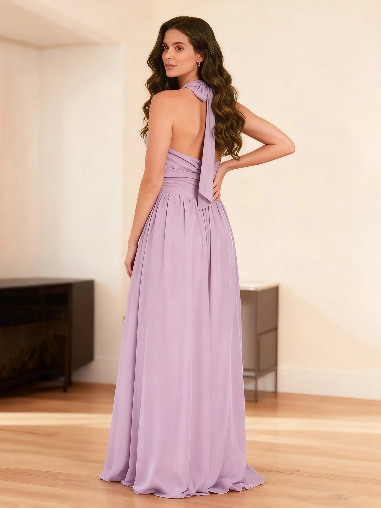 Halshalter Plissee Rüschen Chiffon A-Linie Kleid Dunkelgrün - Image 2