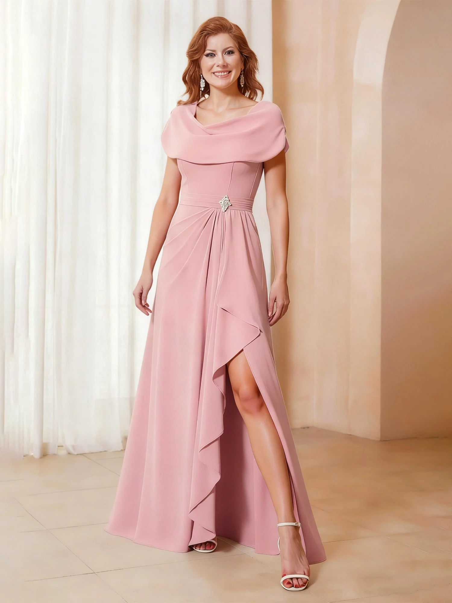 Cowl Ausschnitt A-Linie Chiffon Rüschen Lang Kleid mit Schlitz Blauregen