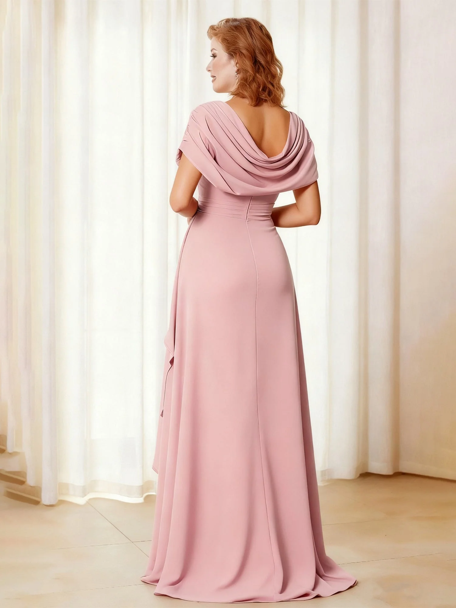 Cowl Ausschnitt A-Linie Chiffon Rüschen Lang Kleid mit Schlitz Schwarz - Image 2