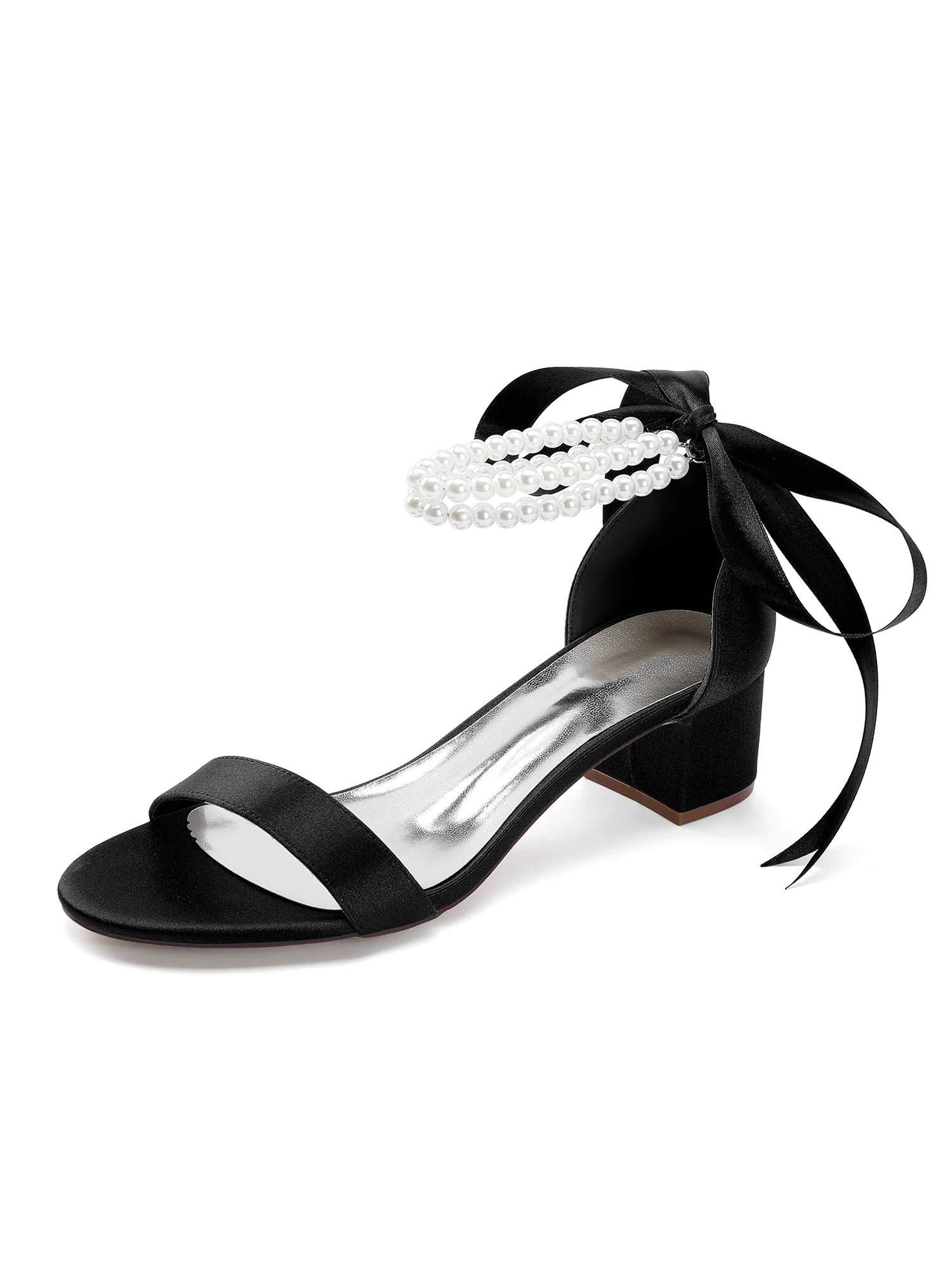 Sandalen mit Blockabsatz mit Schleife und Perlenkette