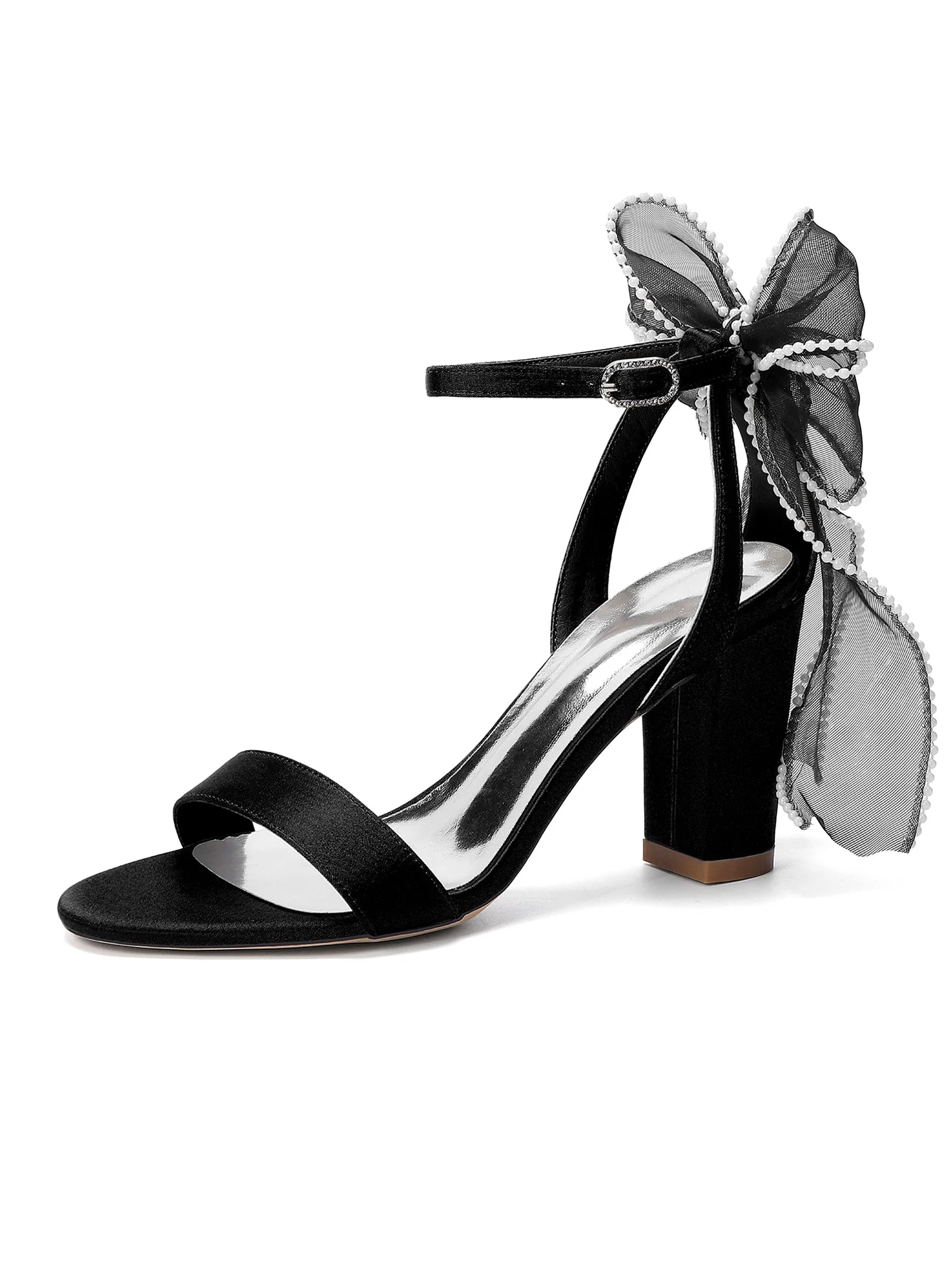 Satin-Blockabsatzsandalen mit Perlen-Tüllschleife