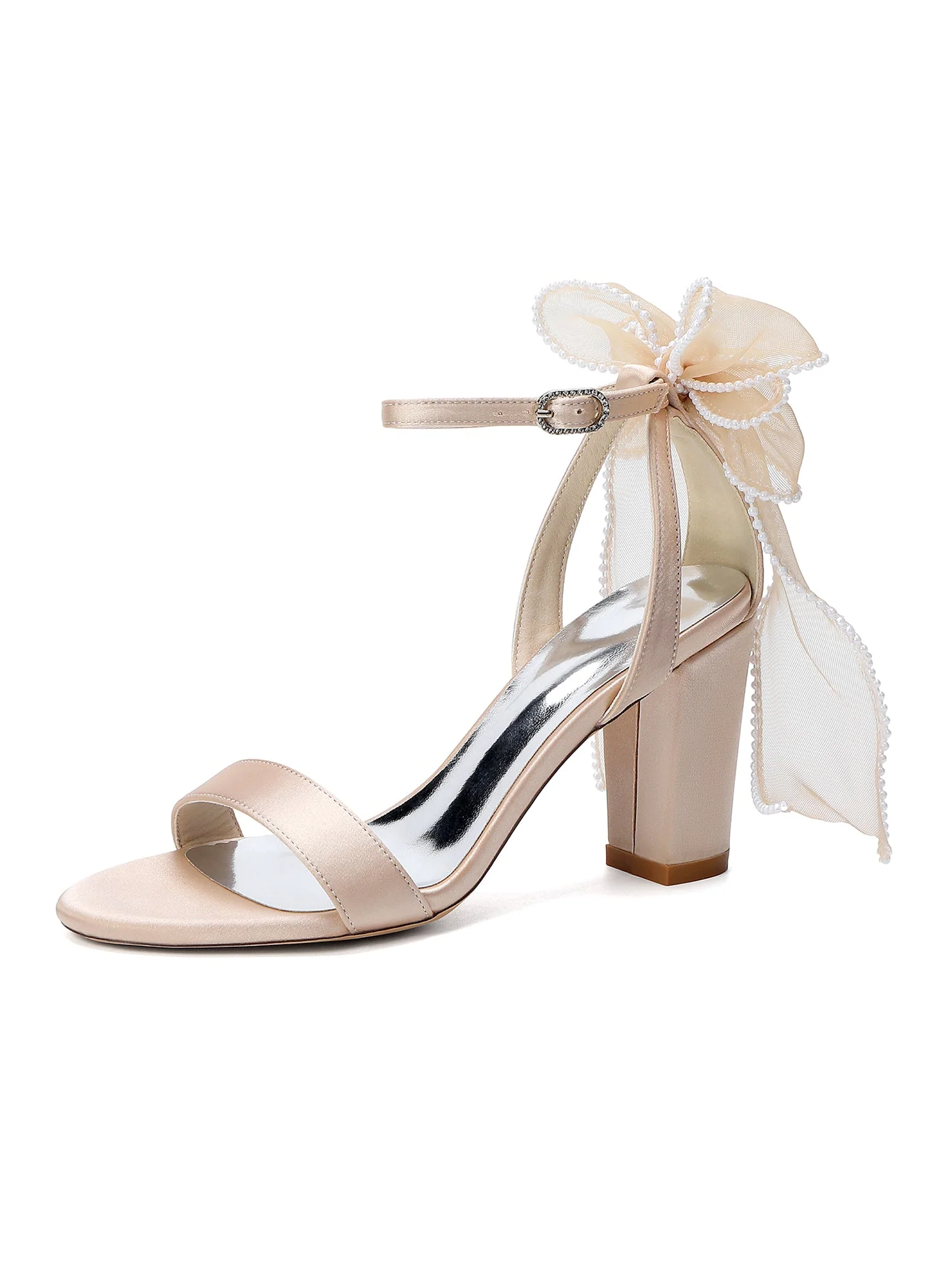 Satin-Blockabsatzsandalen mit Perlen-Tüllschleife - Image 3