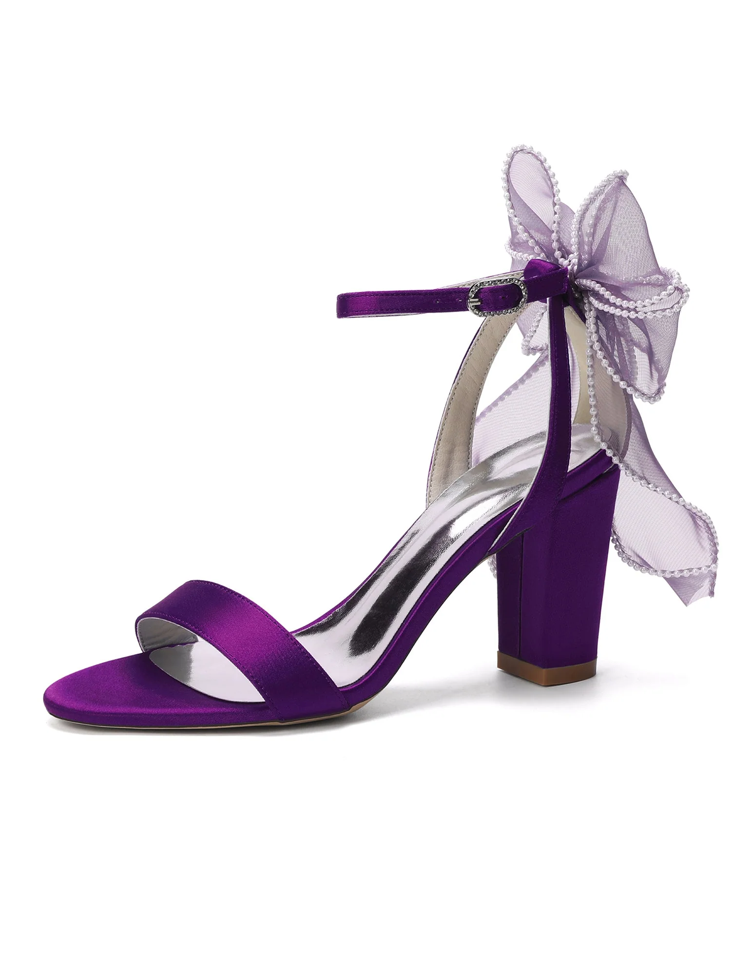 Satin-Blockabsatzsandalen mit Perlen-Tüllschleife - Image 5