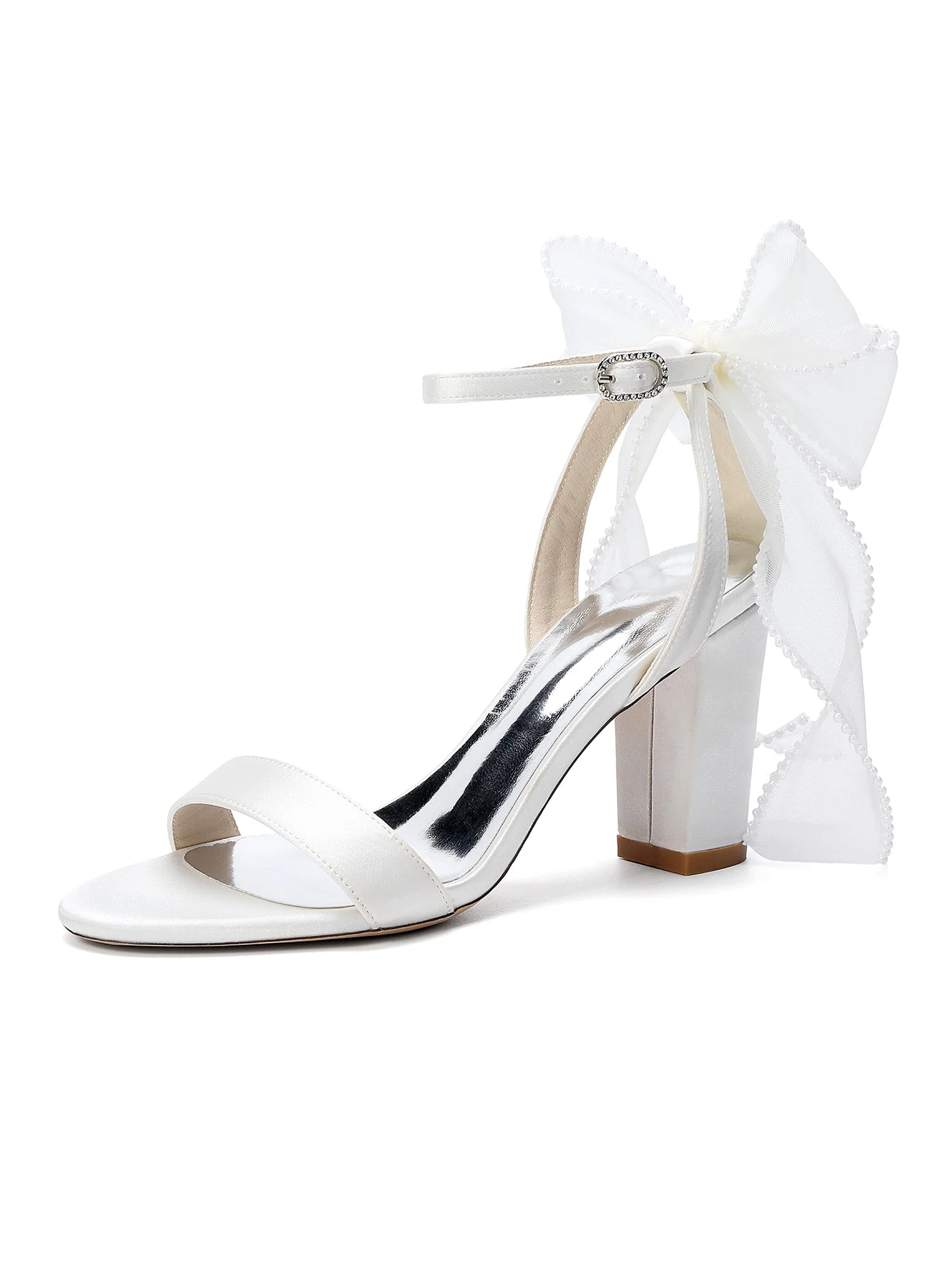 Satin-Blockabsatzsandalen mit Perlen-Tüllschleife - Image 6