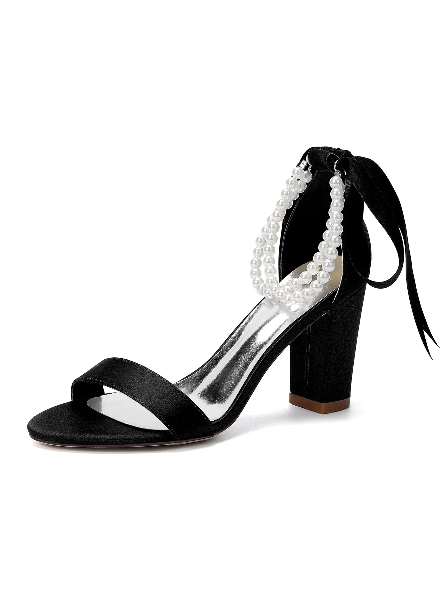 Satin-Blockabsatzsandalen mit doppeltem Perlenriemen