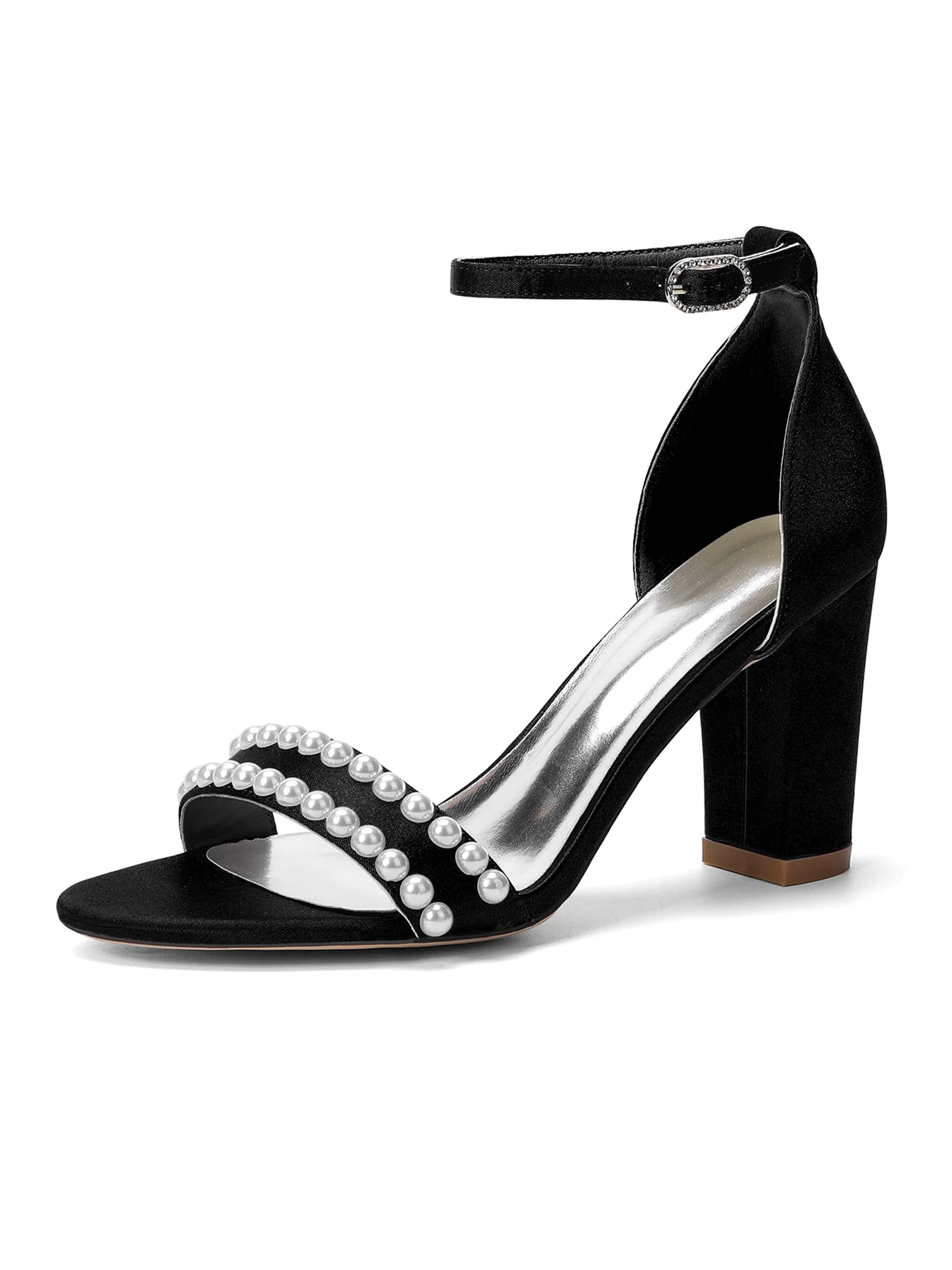 Satin-Blockabsatzsandalen mit doppeltem Perlenriemen